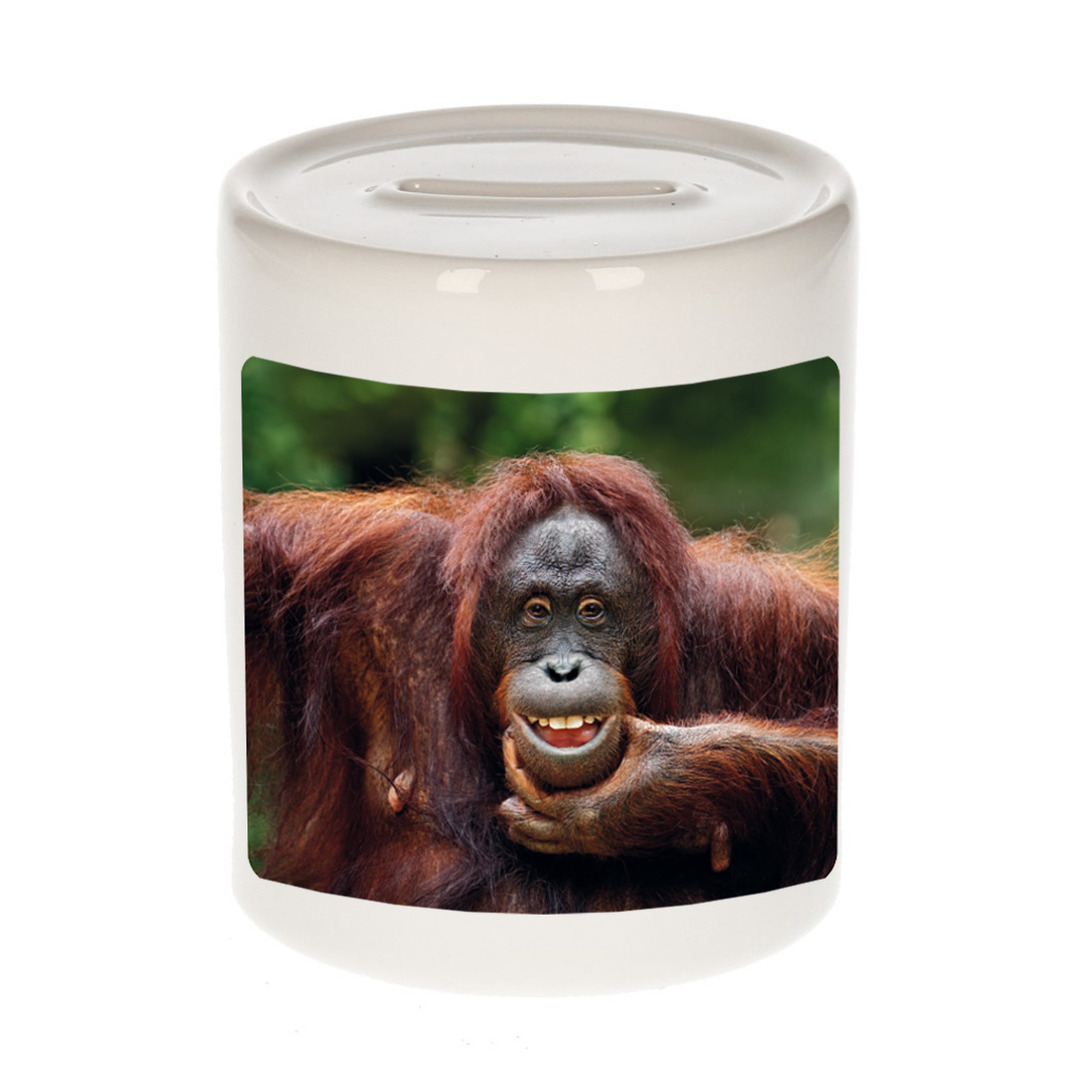 Dieren foto spaarpot gekke orangoetan 9 cm - apen spaarpotten jongens en meisjes
