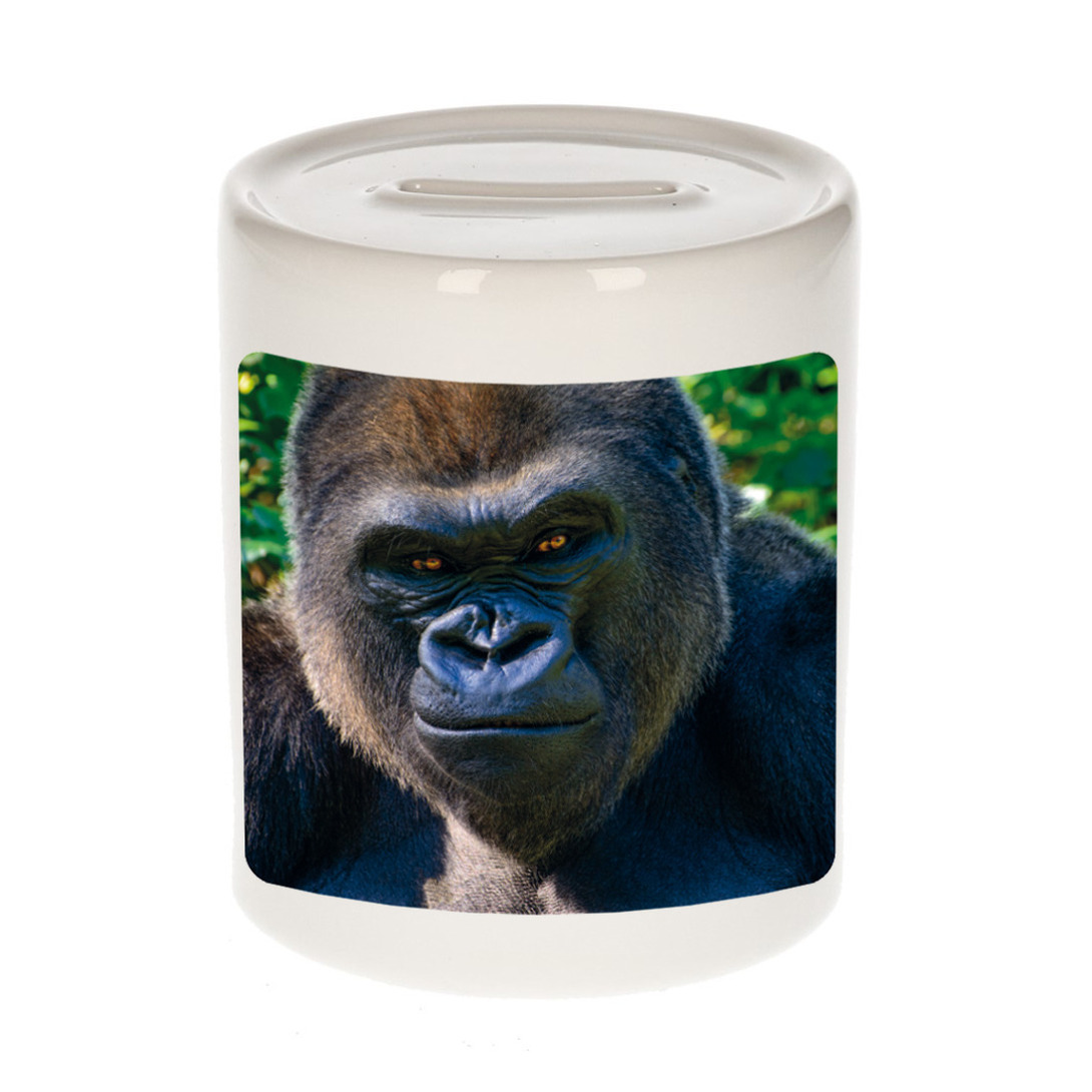 Dieren foto spaarpot stoere gorilla 9 cm - gorilla apen spaarpotten jongens en meisjes