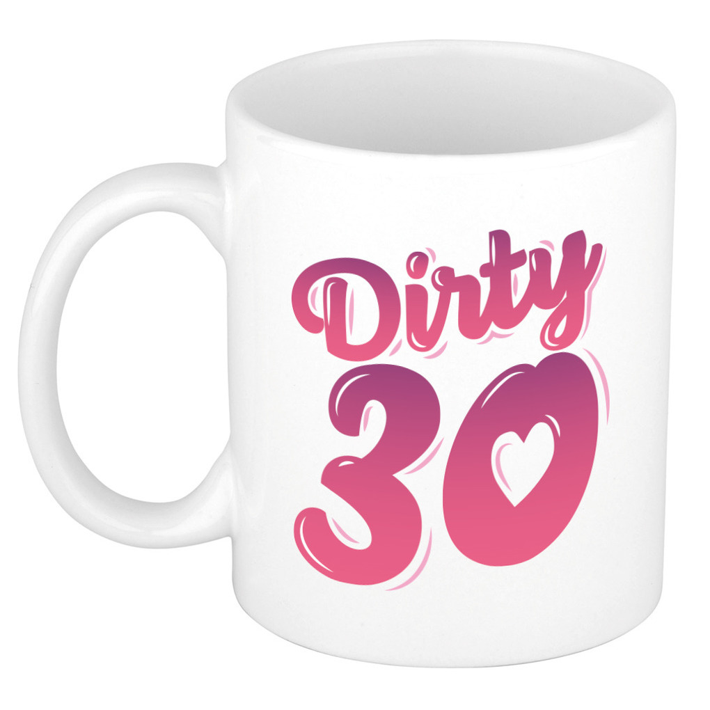 Dirty 30 jaar kado mok / beker wit en roze - verjaardagscadeau