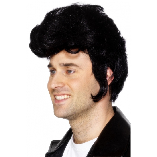 Elvis verkleed pruik heren zwart met grote rock and roll kuif