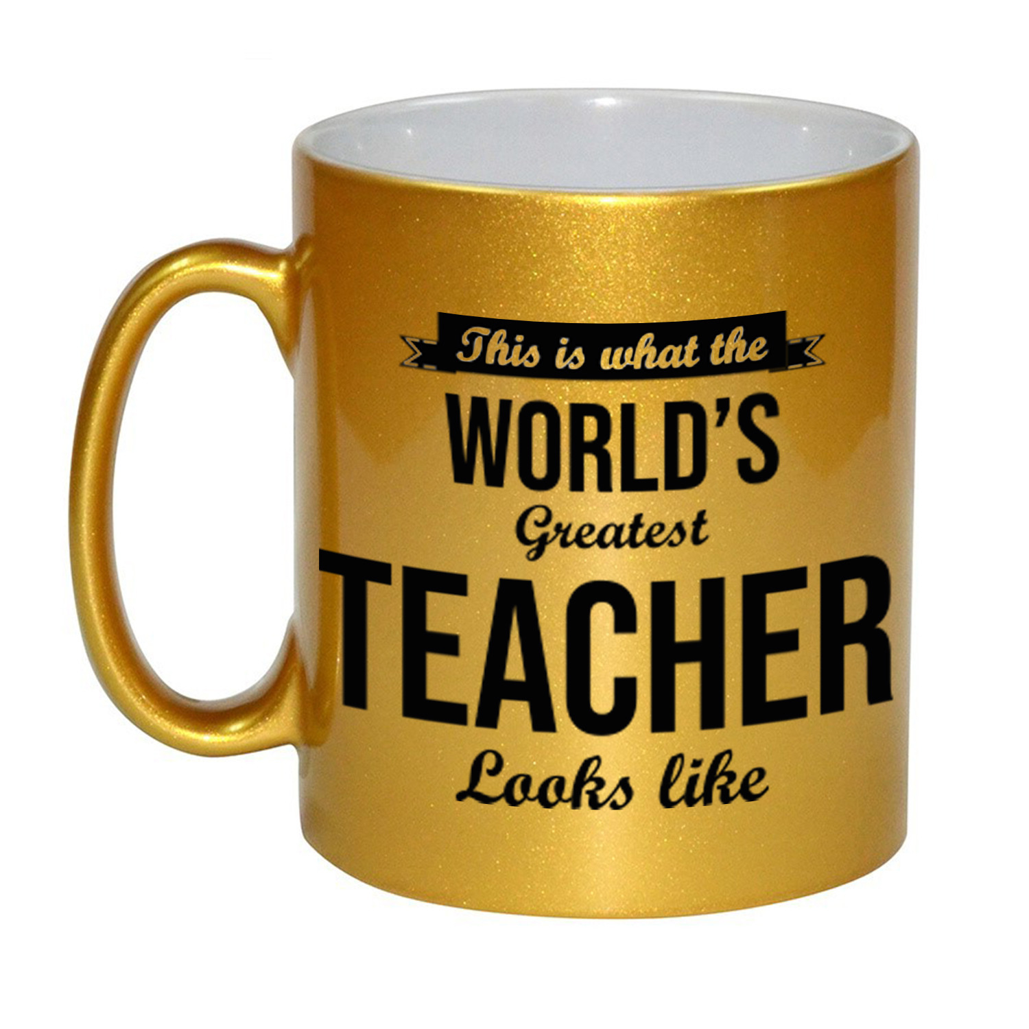 Gouden Worlds Greatest Teacher cadeau koffiemok / theebeker voor leraar / lerares 330 ml
