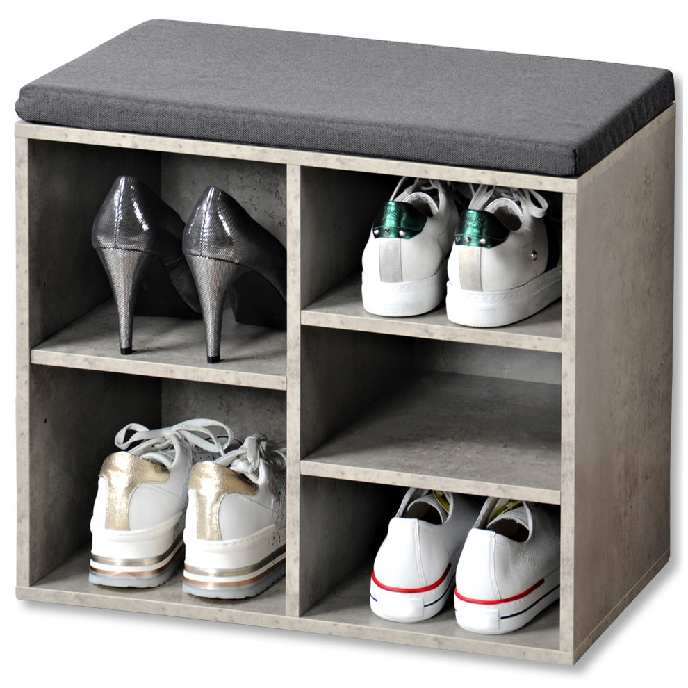Grijze betonlook schoenenkast/schoenenrek bankje 29 x 48 x 51 cm met zitkussen