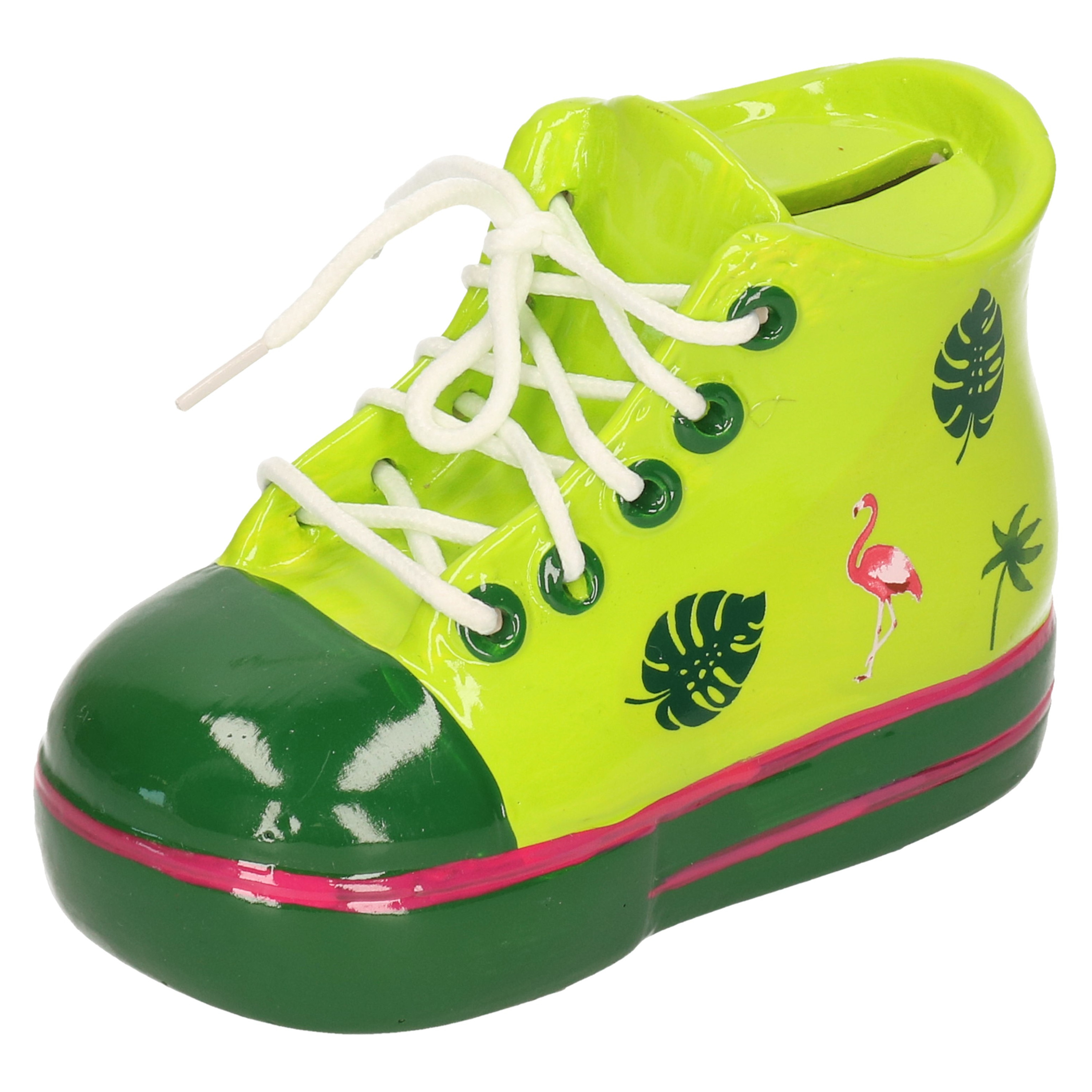 Groene schoen spaarpot met veter 14 cm / keramiek sneaker spaarpotje