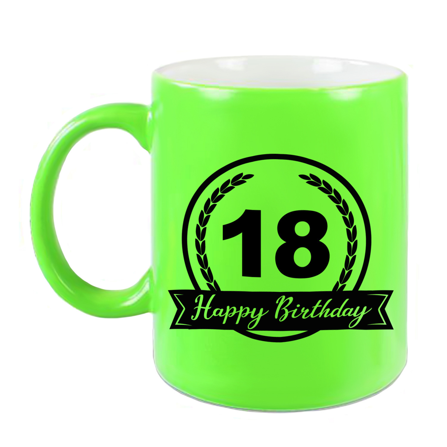 Happy Birthday 18 years cadeau mok / beker neon groen met wimpel 330 ml