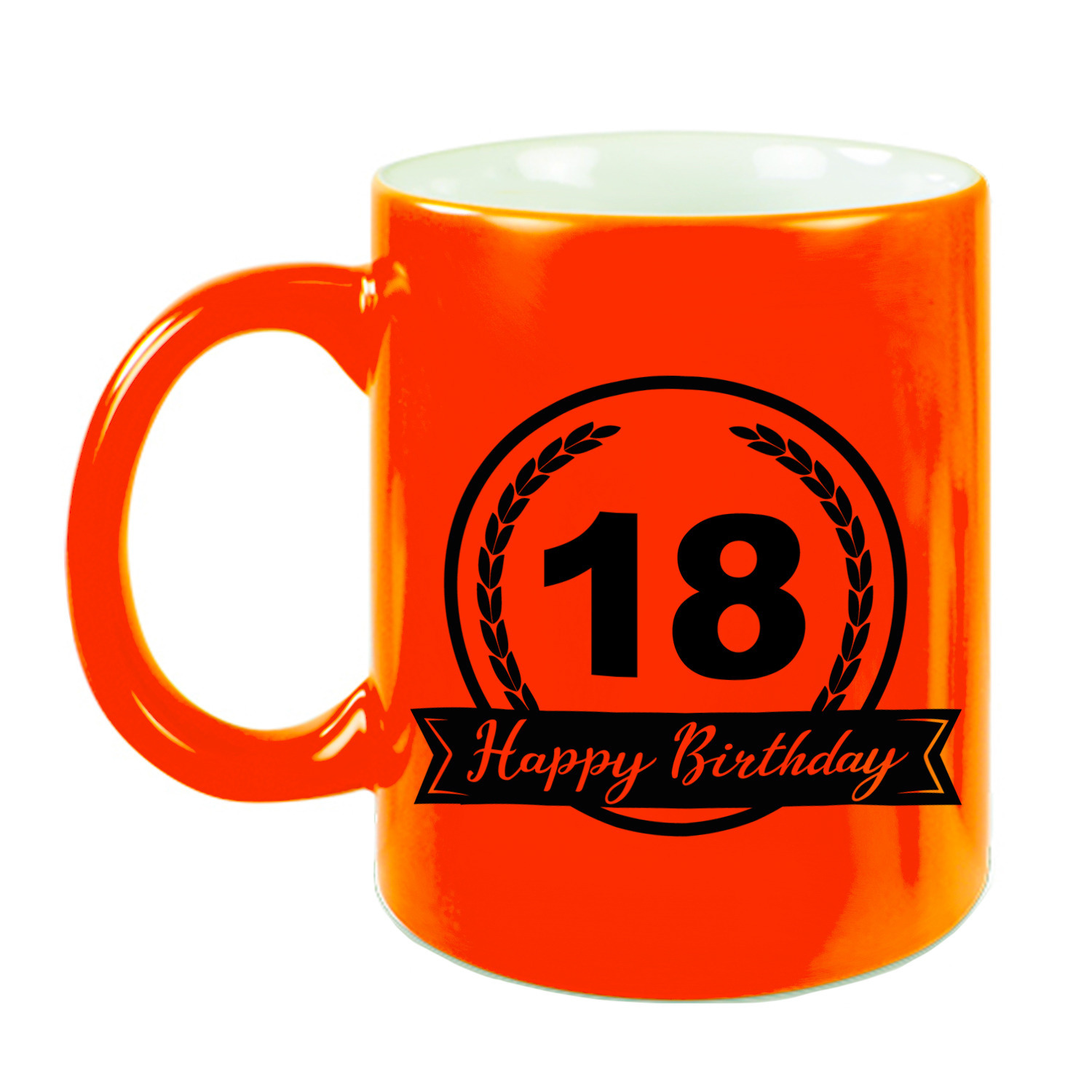 Happy Birthday 18 years cadeau mok / beker neon oranje met wimpel 330 ml