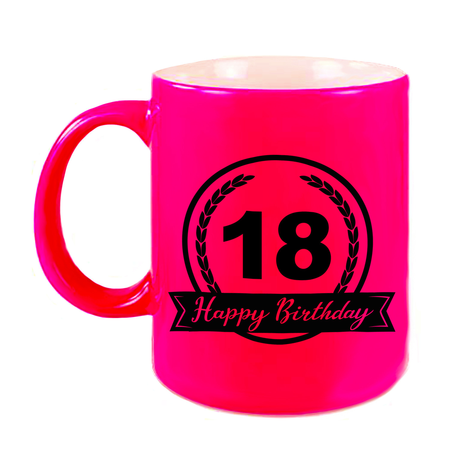 Happy Birthday 18 years cadeau mok / beker neon roze met wimpel 330 ml