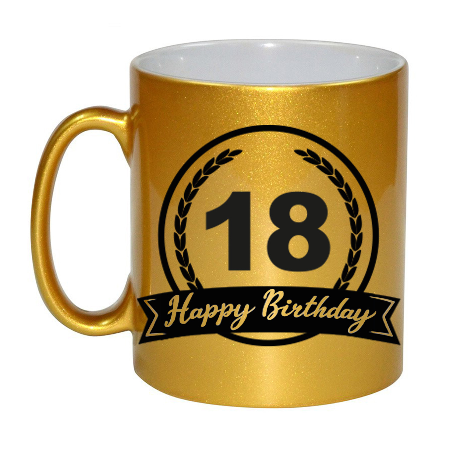 Happy Birthday 18 years gouden cadeau mok / beker met wimpel 330 ml