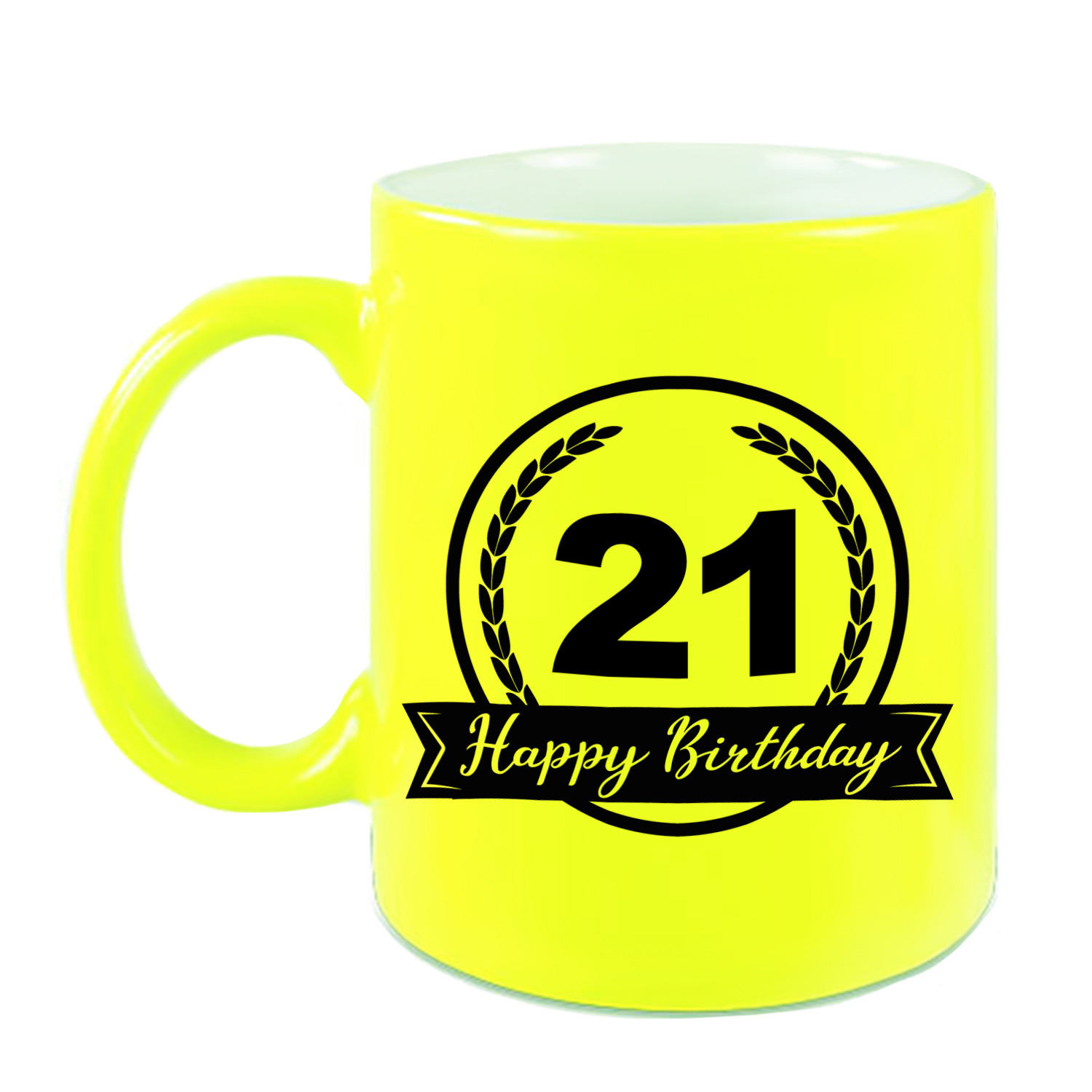 Happy Birthday 21 years cadeau mok / beker neon geel met wimpel 330 ml
