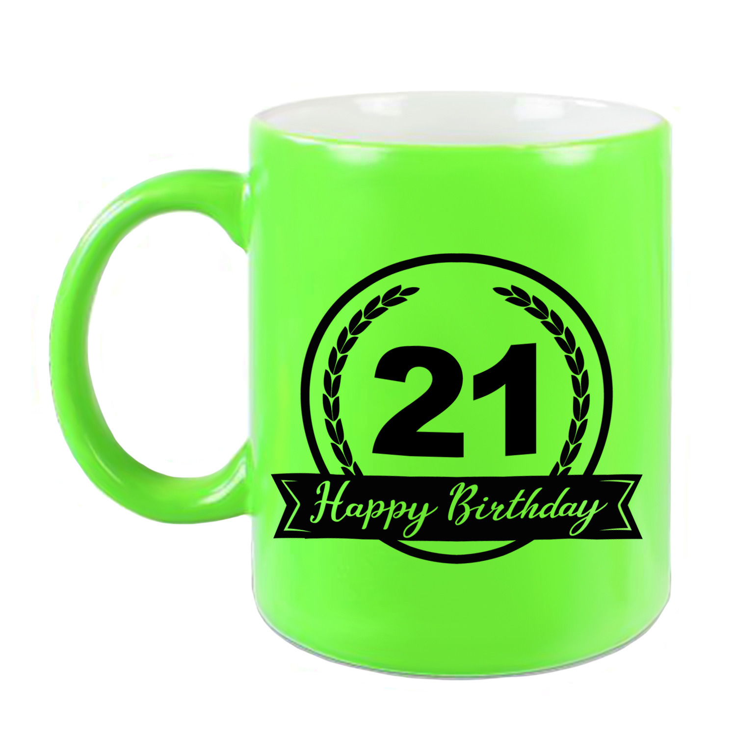 Happy Birthday 21 years cadeau mok / beker neon groen met wimpel 330 ml