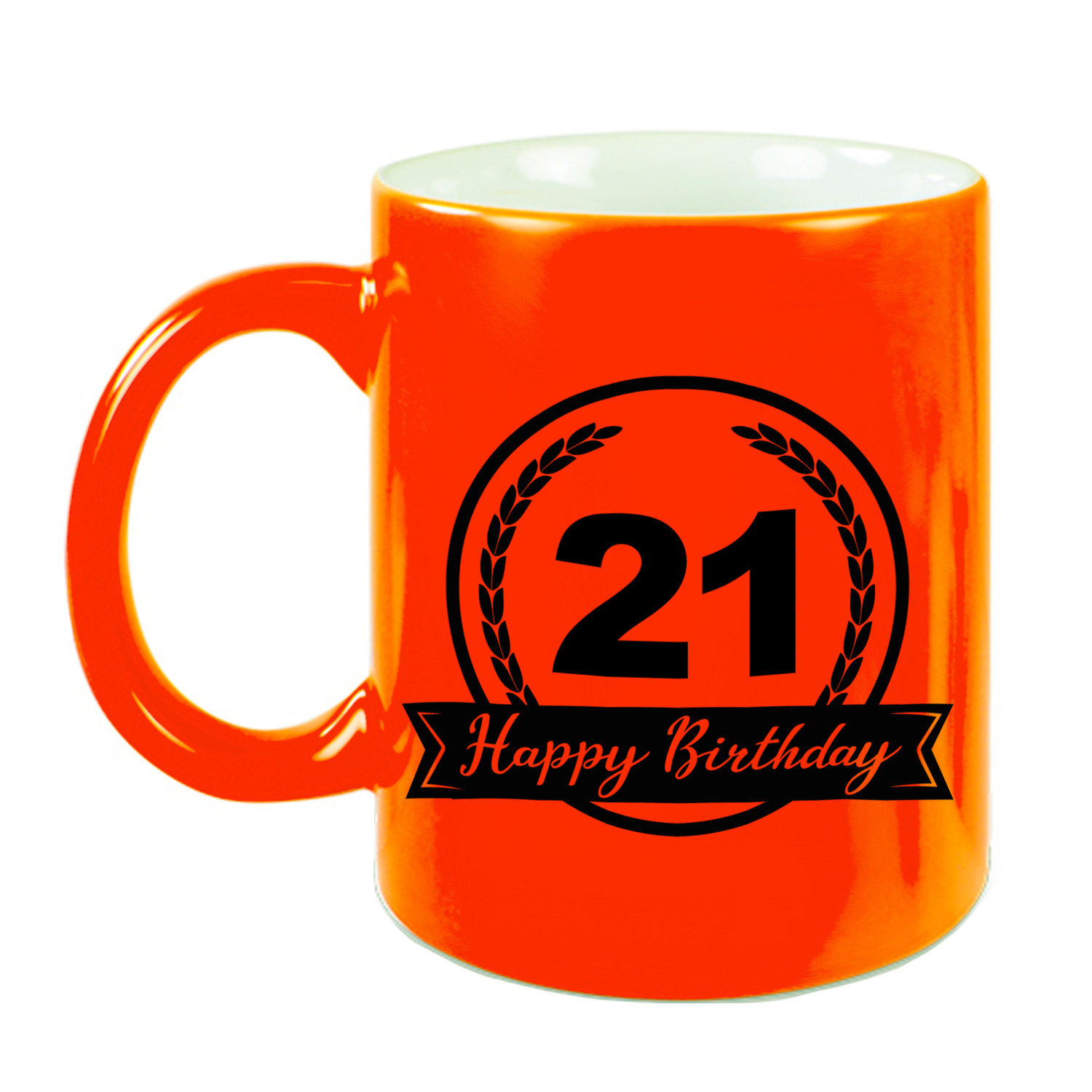 Happy Birthday 21 years cadeau mok / beker neon oranje met wimpel 330 ml