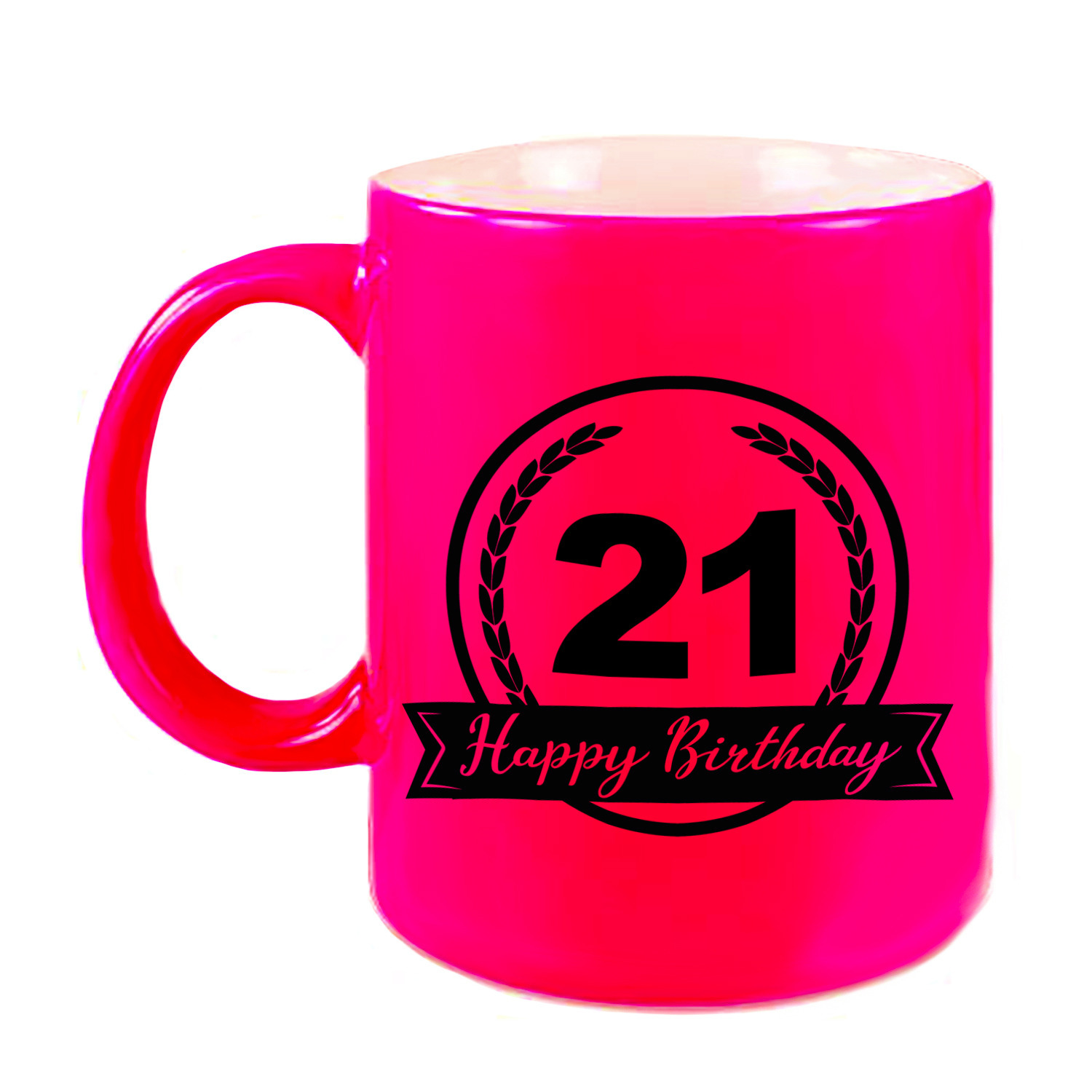 Happy Birthday 21 years cadeau mok / beker neon roze met wimpel 330 ml