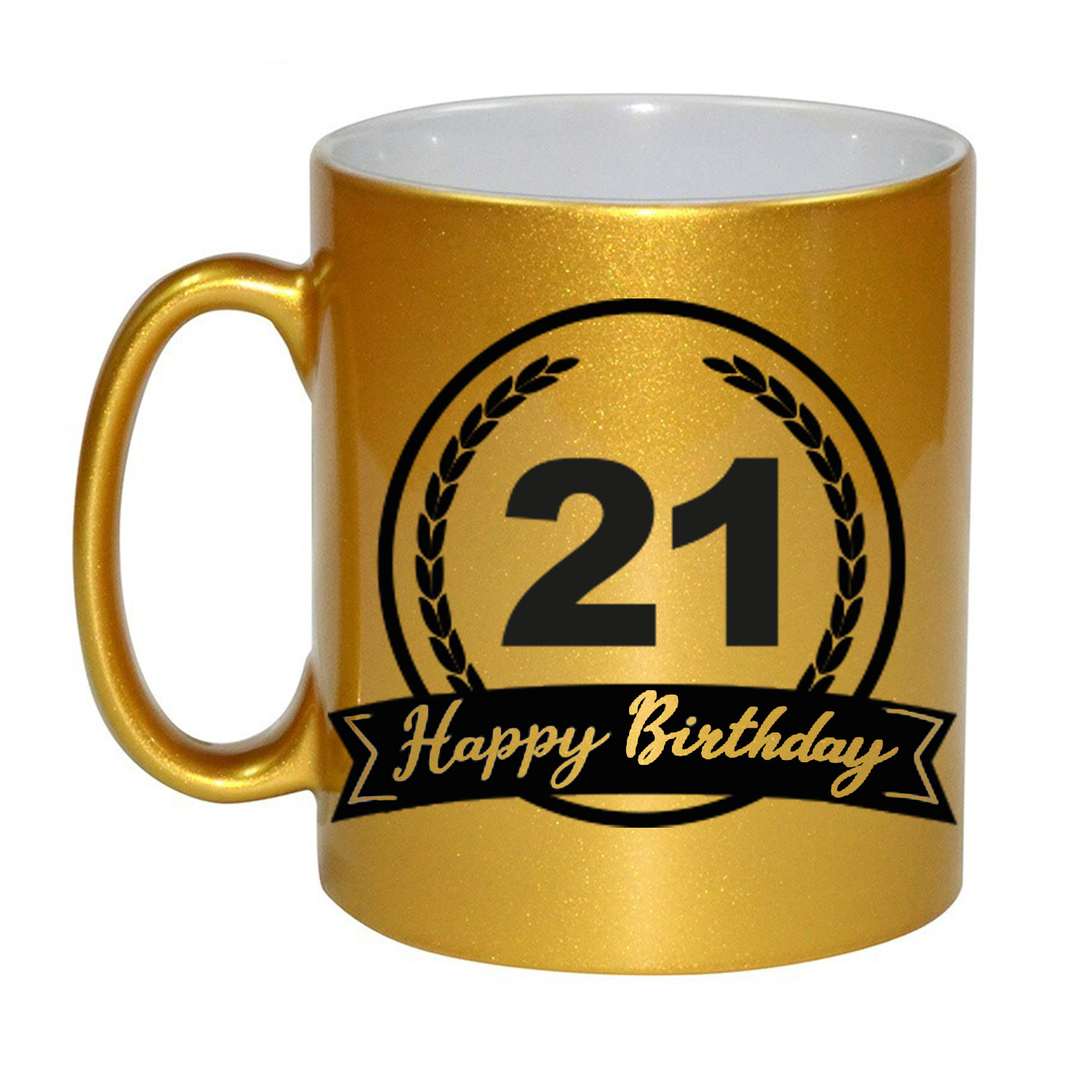 Happy Birthday 21 years gouden cadeau mok / beker met wimpel 330 ml