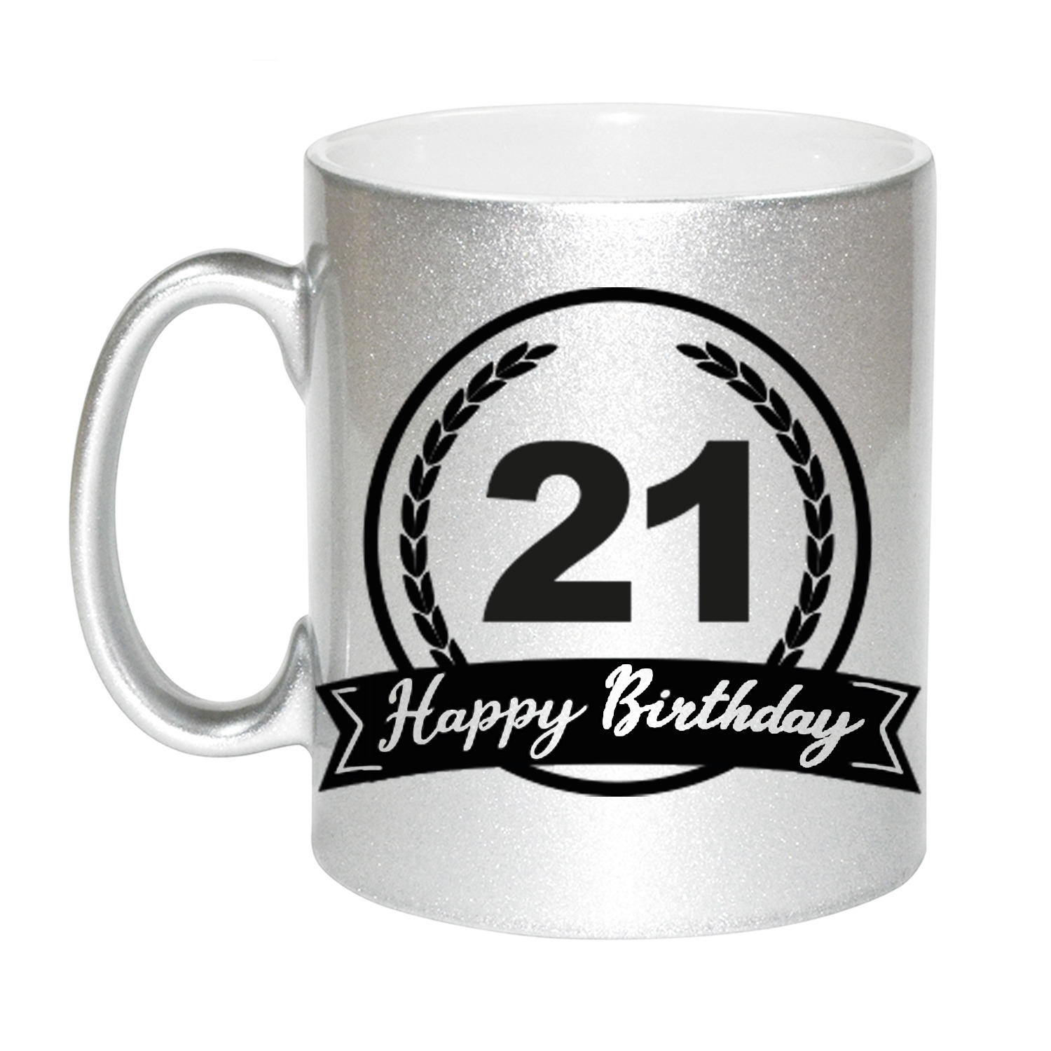 Happy Birthday 21 years zilveren cadeau mok / beker met wimpel 330 ml