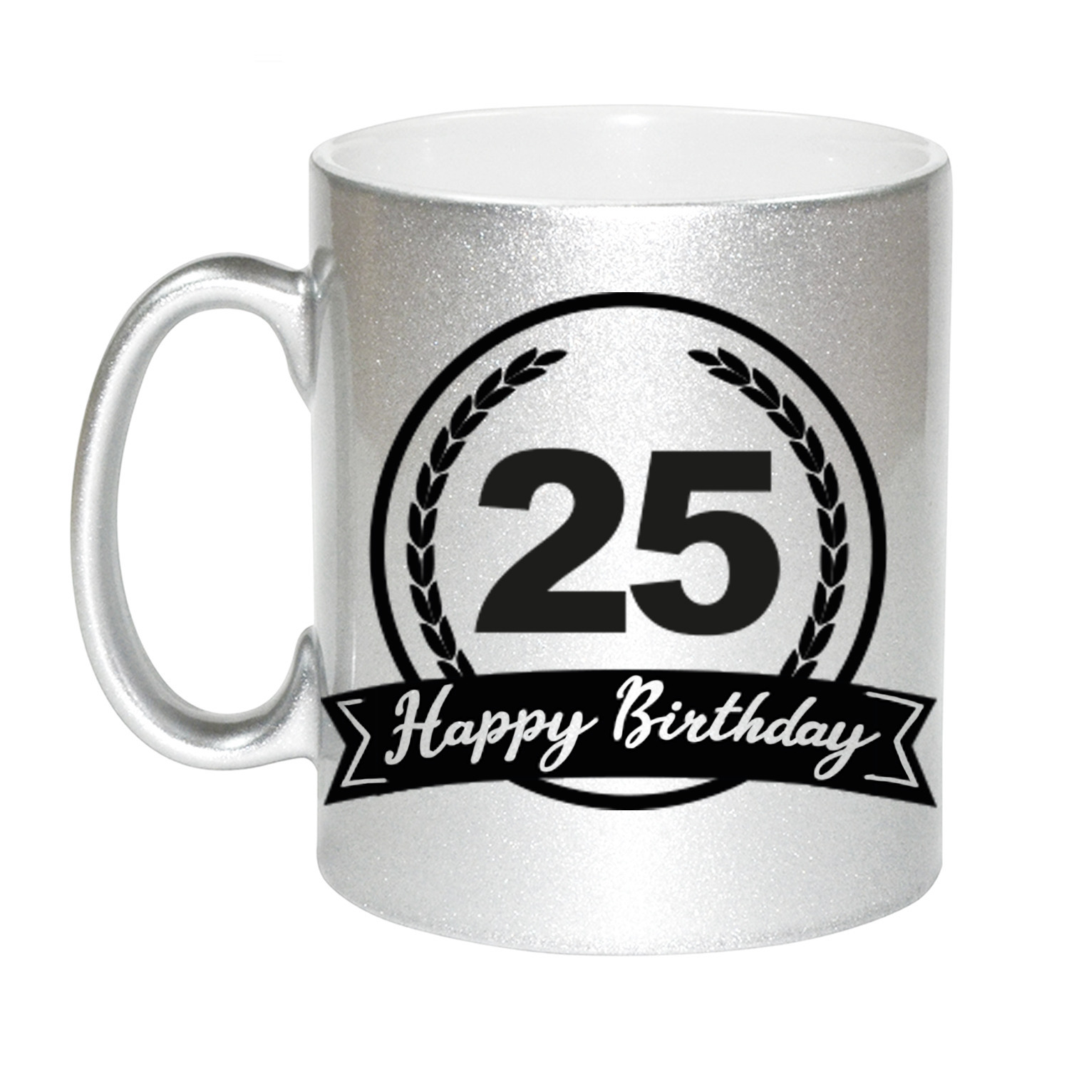 Happy Birthday 25 years zilveren cadeau mok / beker met wimpel 330 ml
