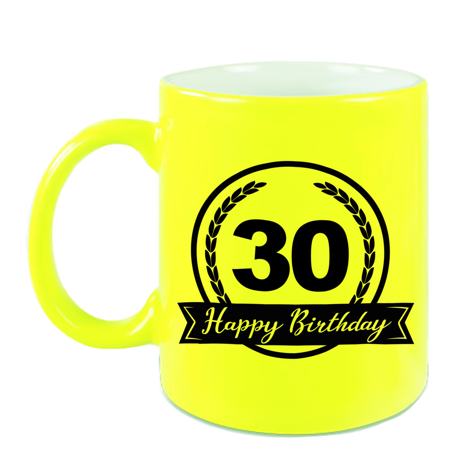 Happy Birthday 30 years cadeau mok / beker neon geel met wimpel 330 ml