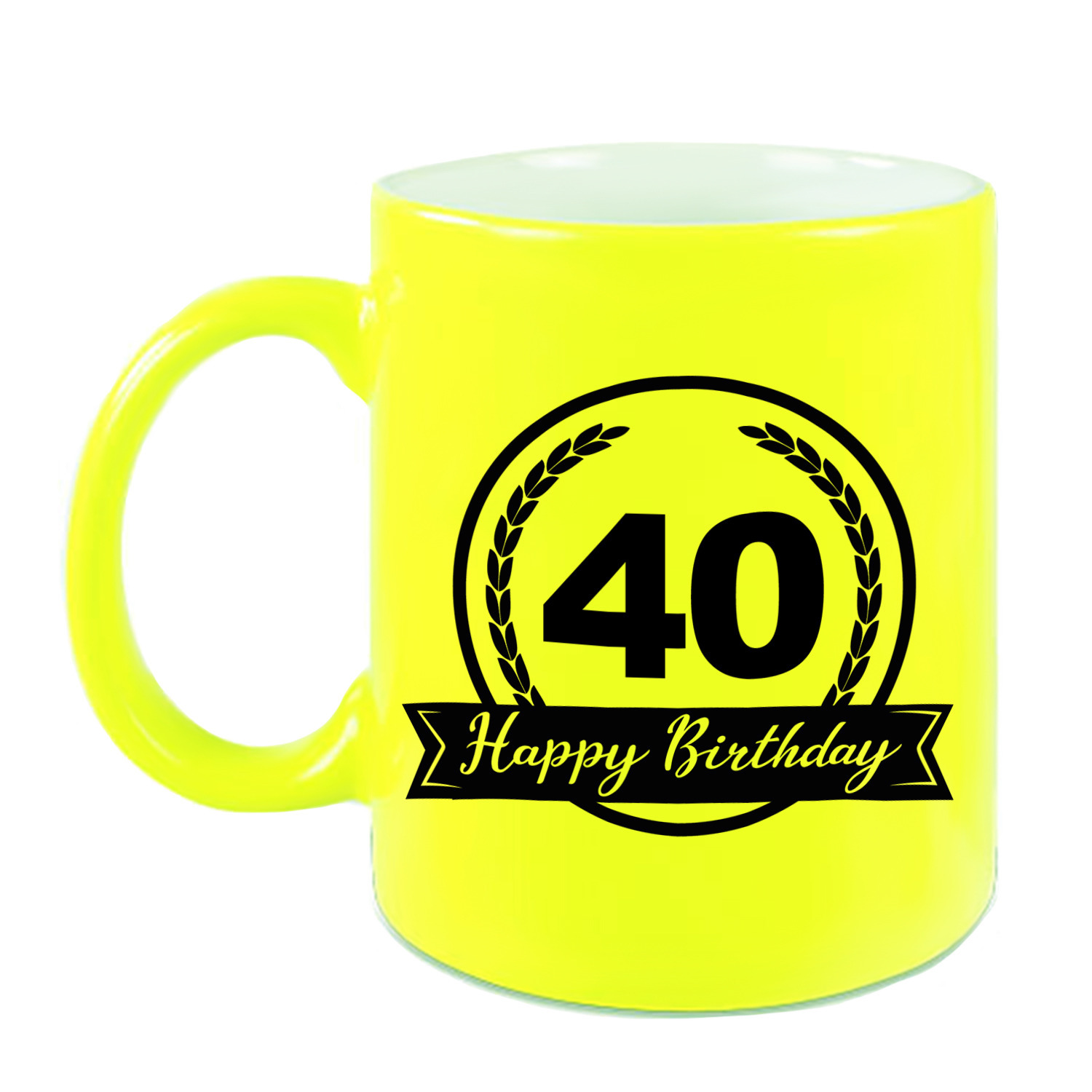 Happy Birthday 40 years cadeau mok / beker neon geel met wimpel 330 ml