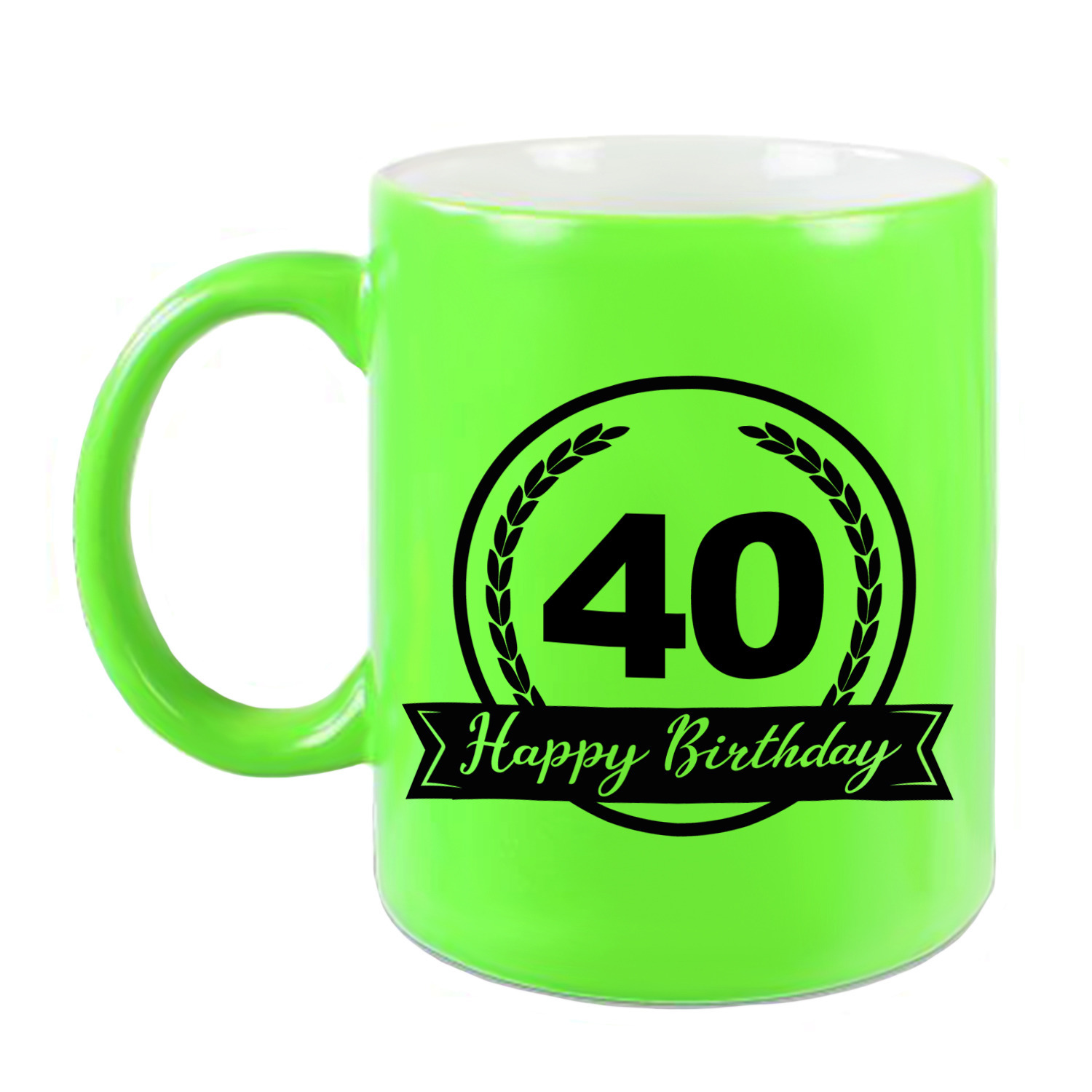 Happy Birthday 40 years cadeau mok / beker neon groen met wimpel 330 ml