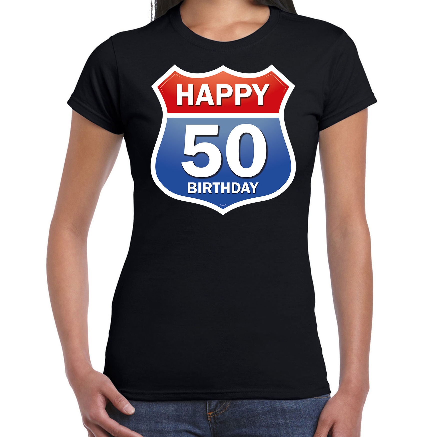 Happy birthday 50 jaar / Sarah verjaardag t-shirt route bordje zwart voor dames