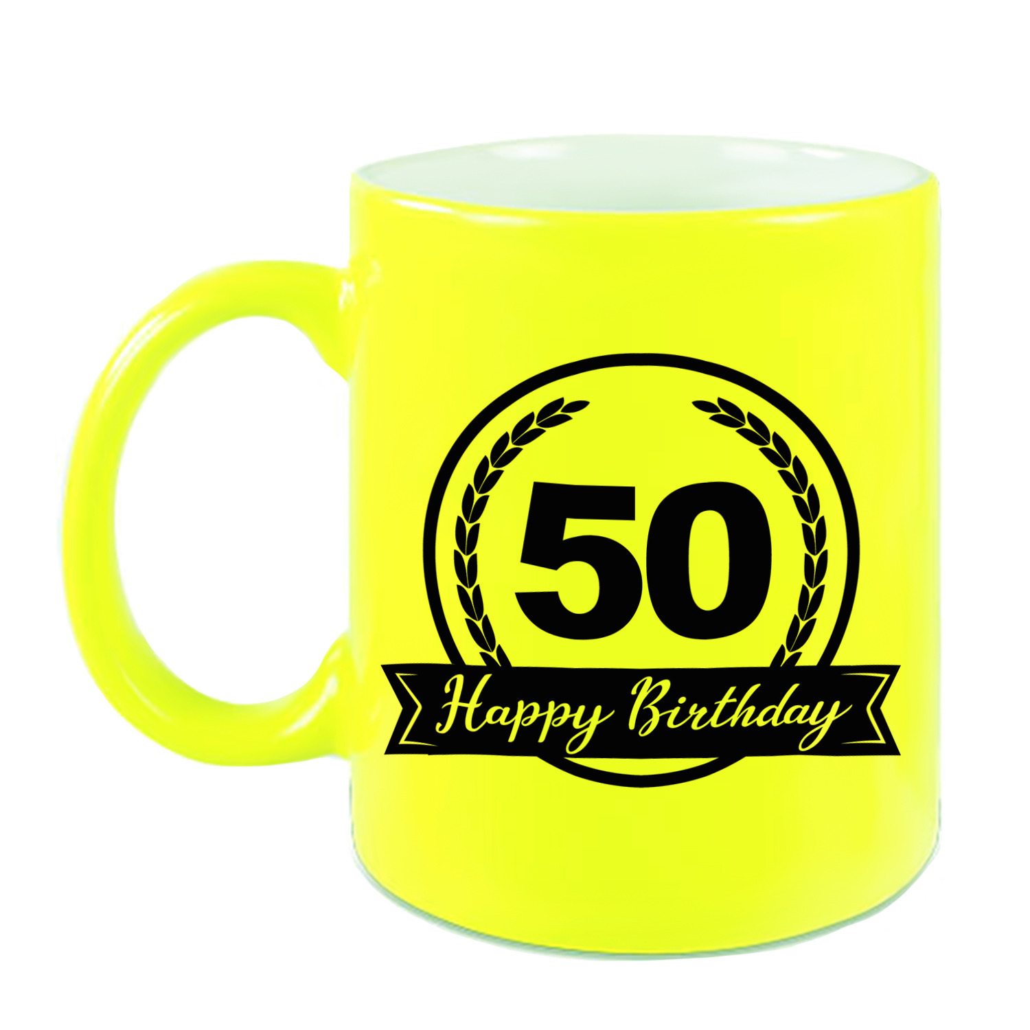 Happy Birthday 50 years cadeau mok / beker neon geel met wimpel 330 ml
