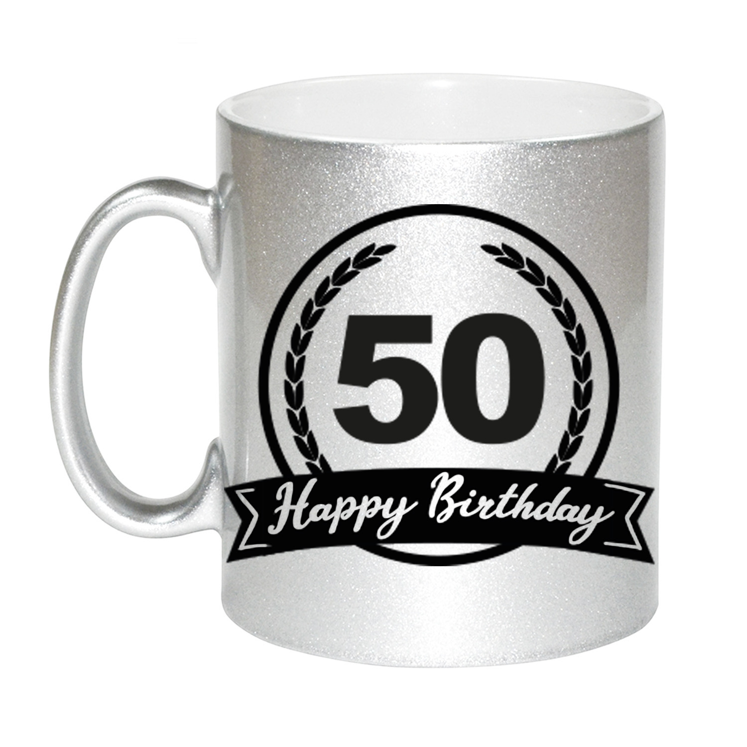 Happy Birthday 50 years zilveren cadeau mok / beker met wimpel 330 ml