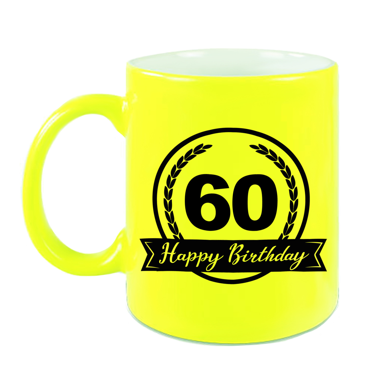 Happy Birthday 60 years cadeau mok / beker neon geel met wimpel 330 ml