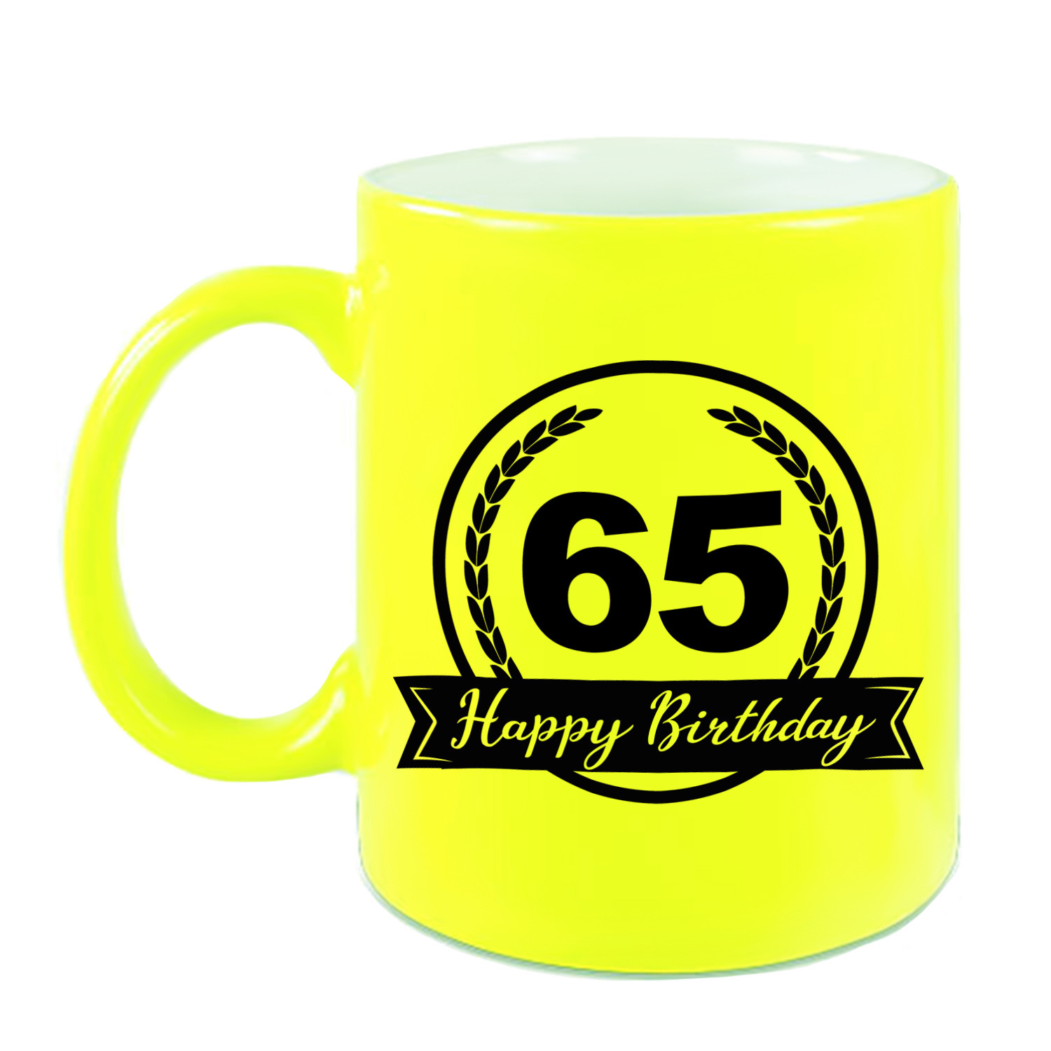 Happy Birthday 65 years cadeau mok / beker neon geel met wimpel 330 ml