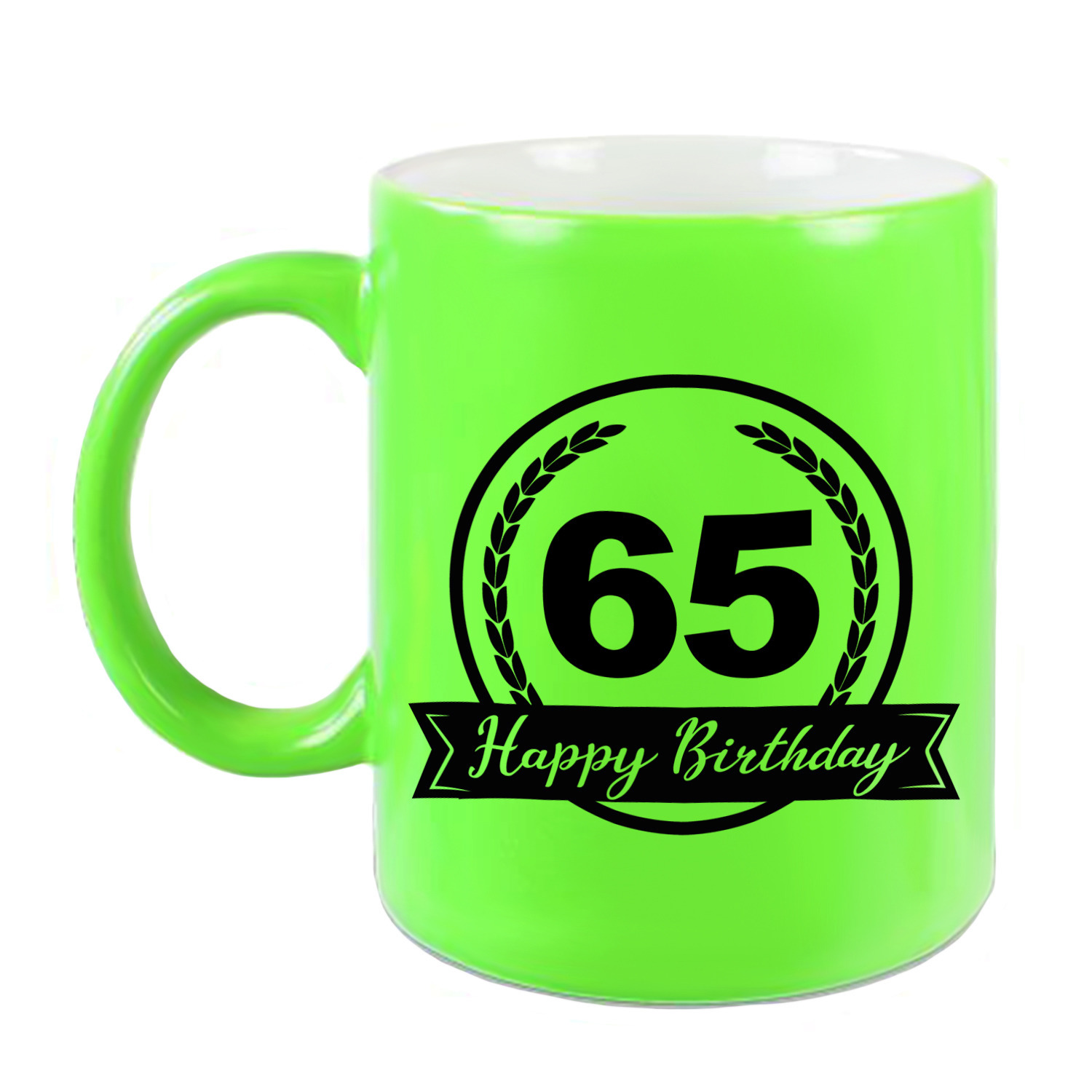 Happy Birthday 65 years cadeau mok / beker neon groen met wimpel 330 ml