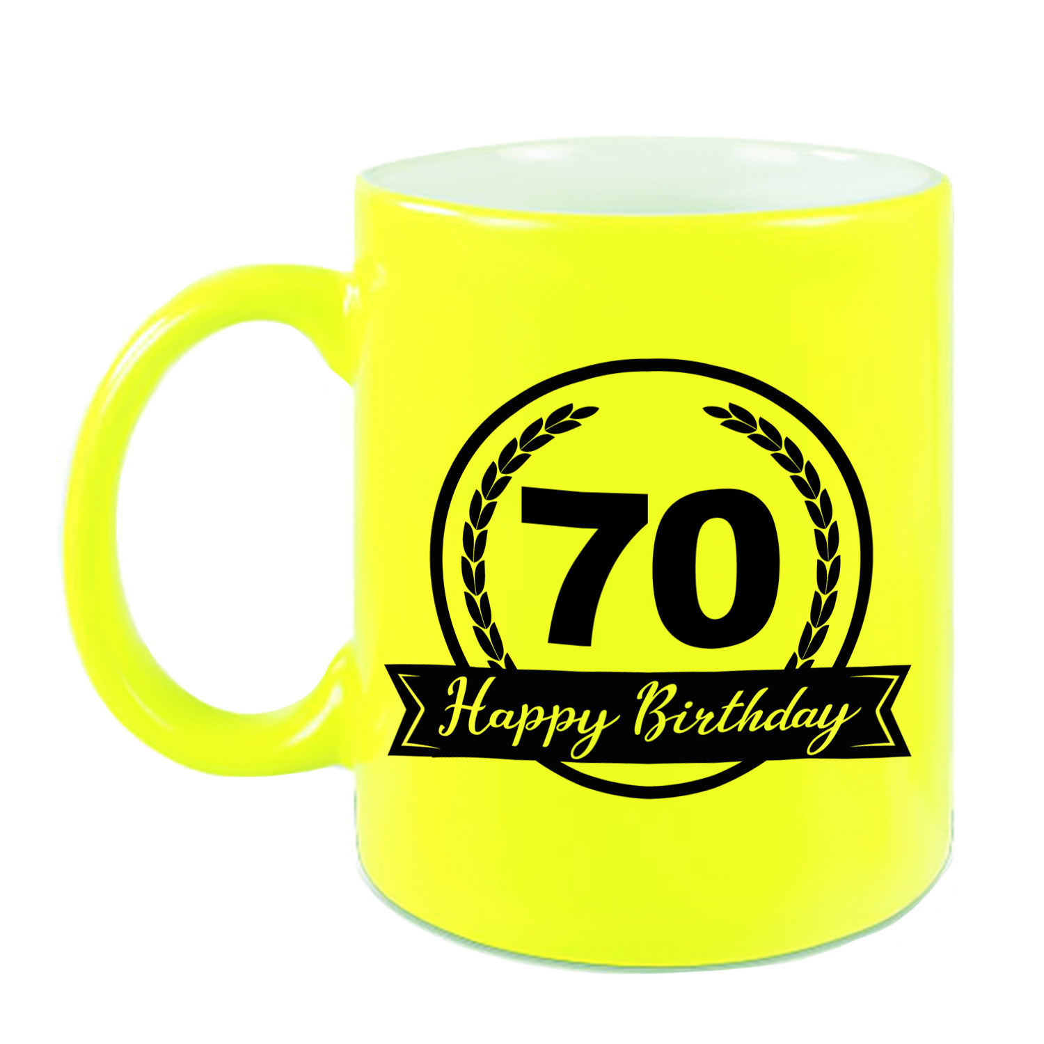 Happy Birthday 70 years cadeau mok / beker neon geel met wimpel 330 ml
