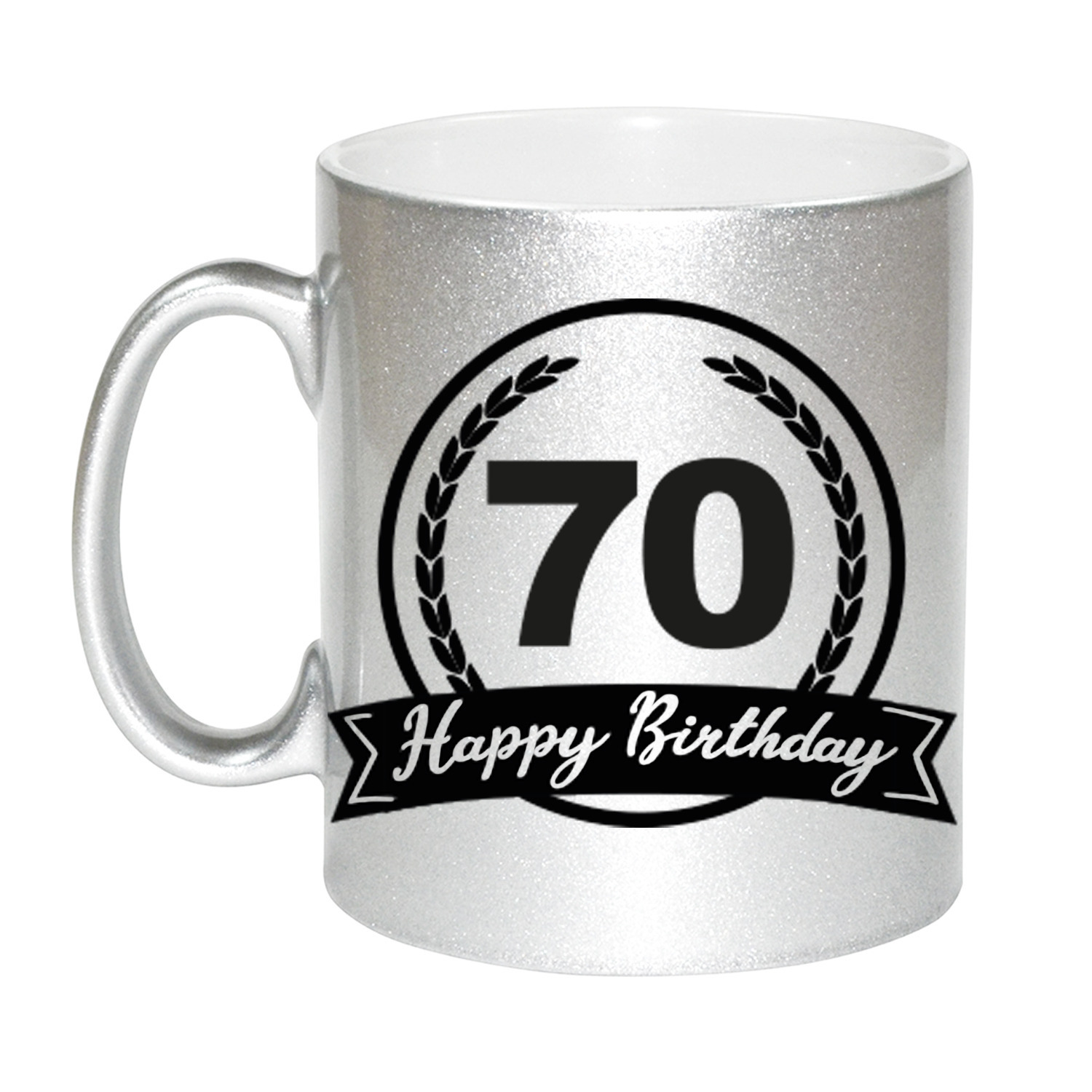 Happy Birthday 70 years zilveren cadeau mok / beker met wimpel 330 ml