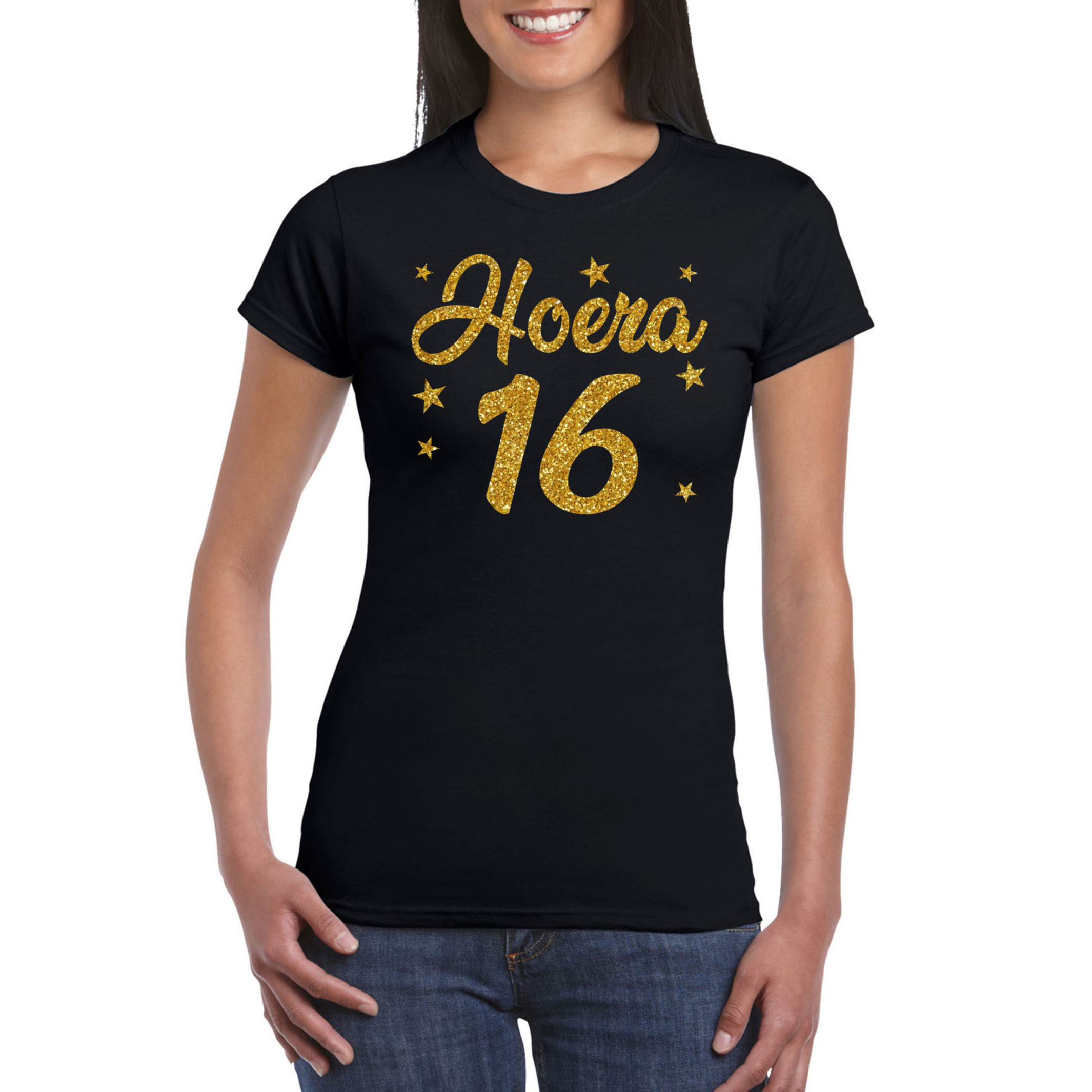 Hoera 16 jaar verjaardag cadeau t-shirt goud glitter op zwart dames