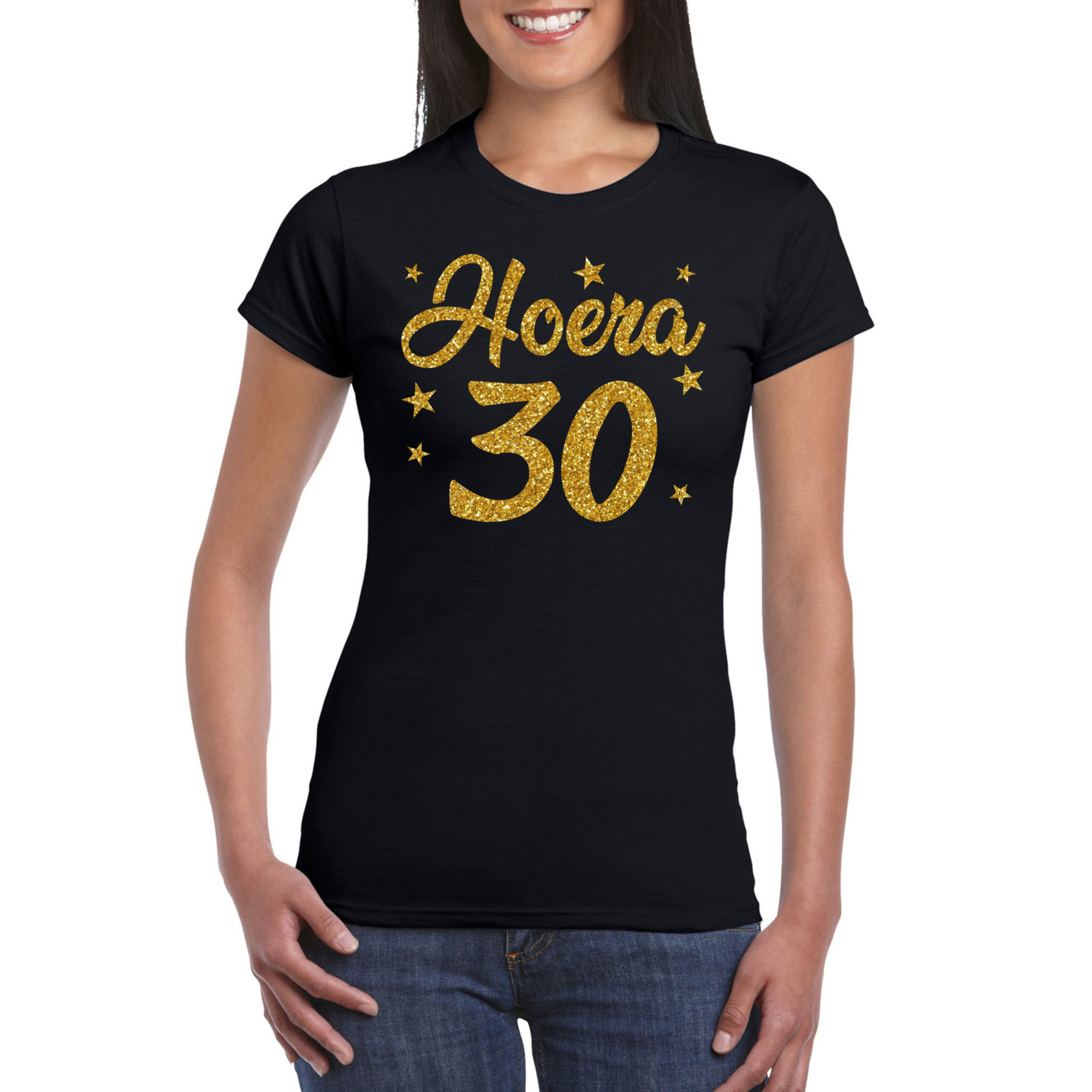 Hoera 30 jaar verjaardag / jubileum cadeau t-shirt goud glitter op zwart dames