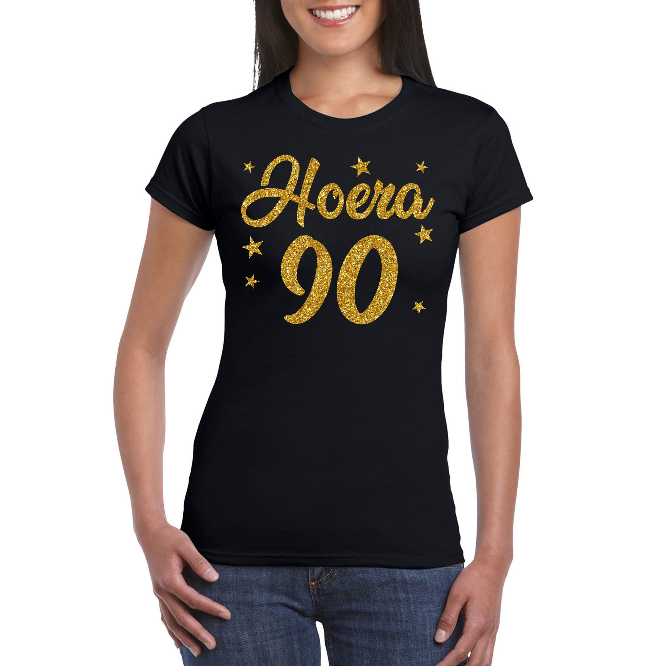 Hoera 90 jaar verjaardag cadeau t-shirt goud glitter op zwart dames