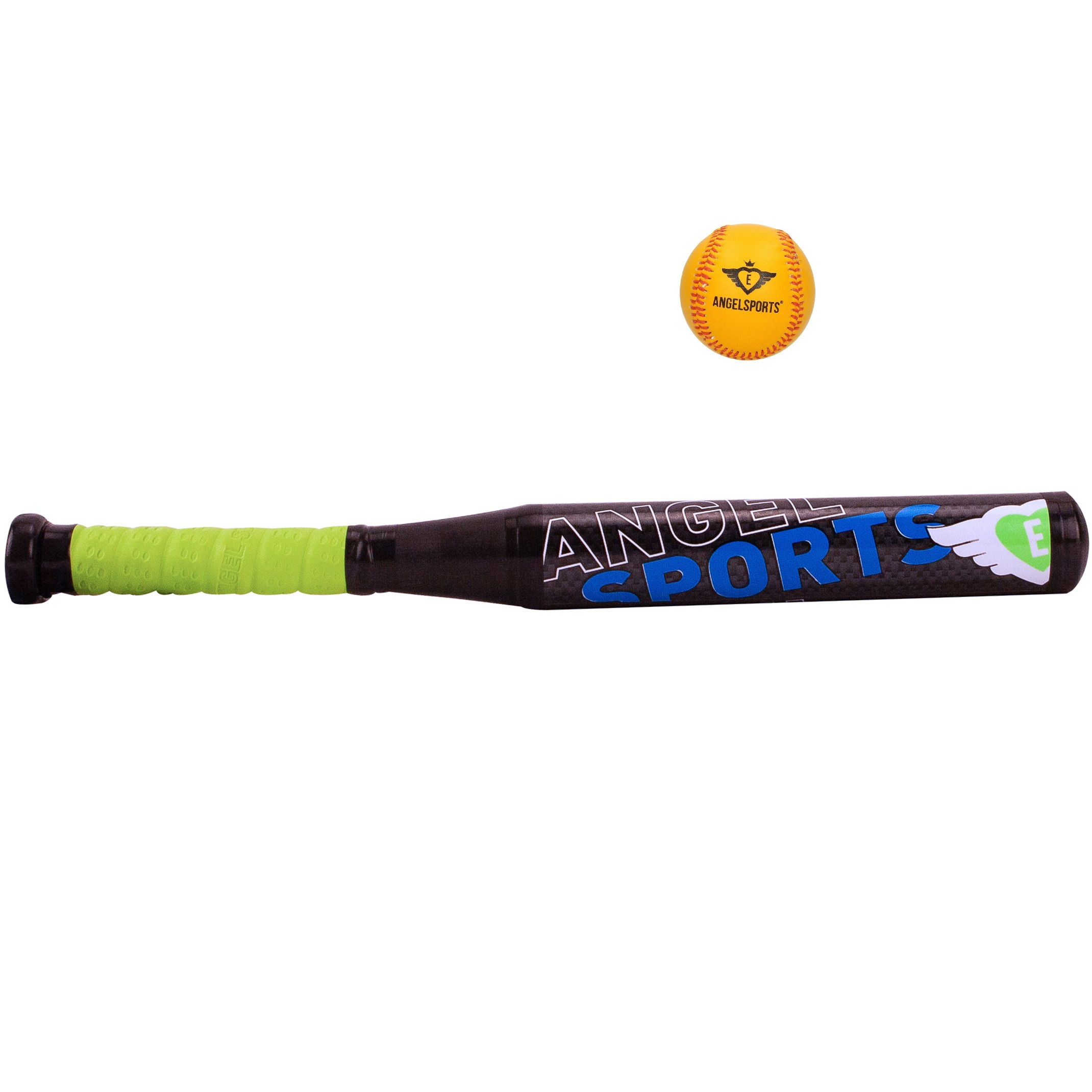 Honkbalknuppel kunststof zwart/groen 45 cm + honkbal/softbal oranje / geel 10 cm