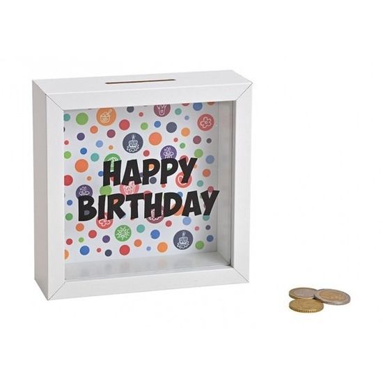 Houten witte spaarpot Happy Birthday met glas 15 cm