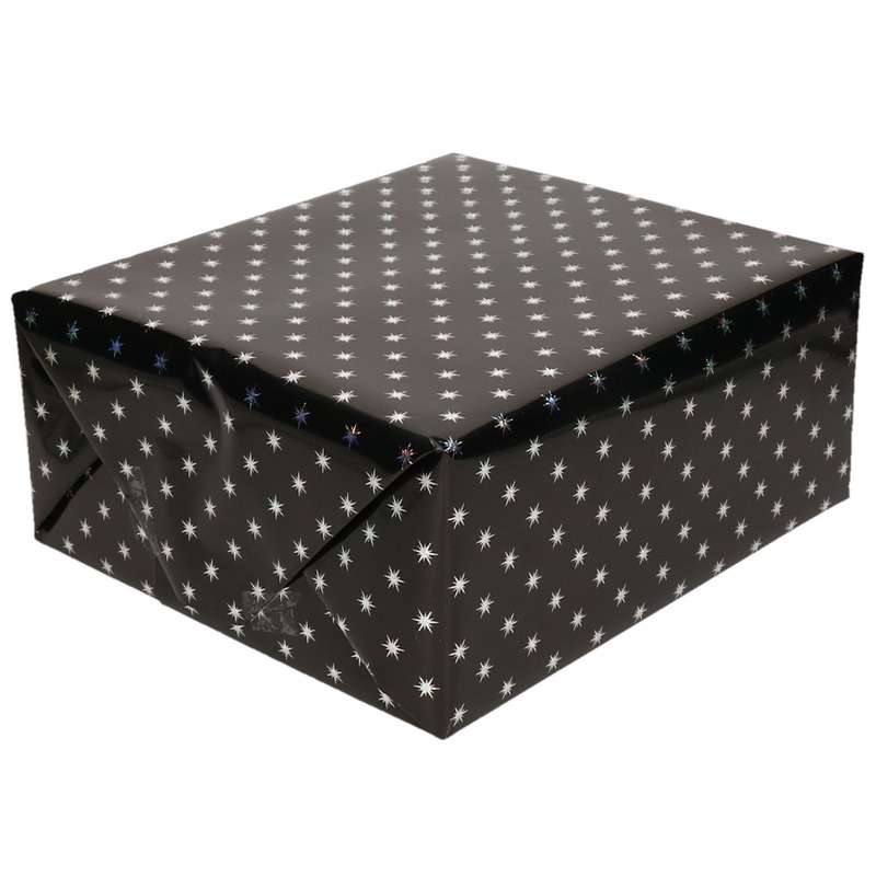 Inpakpapier/cadeaupapier holografisch zwart sterren 150 x 70 cm