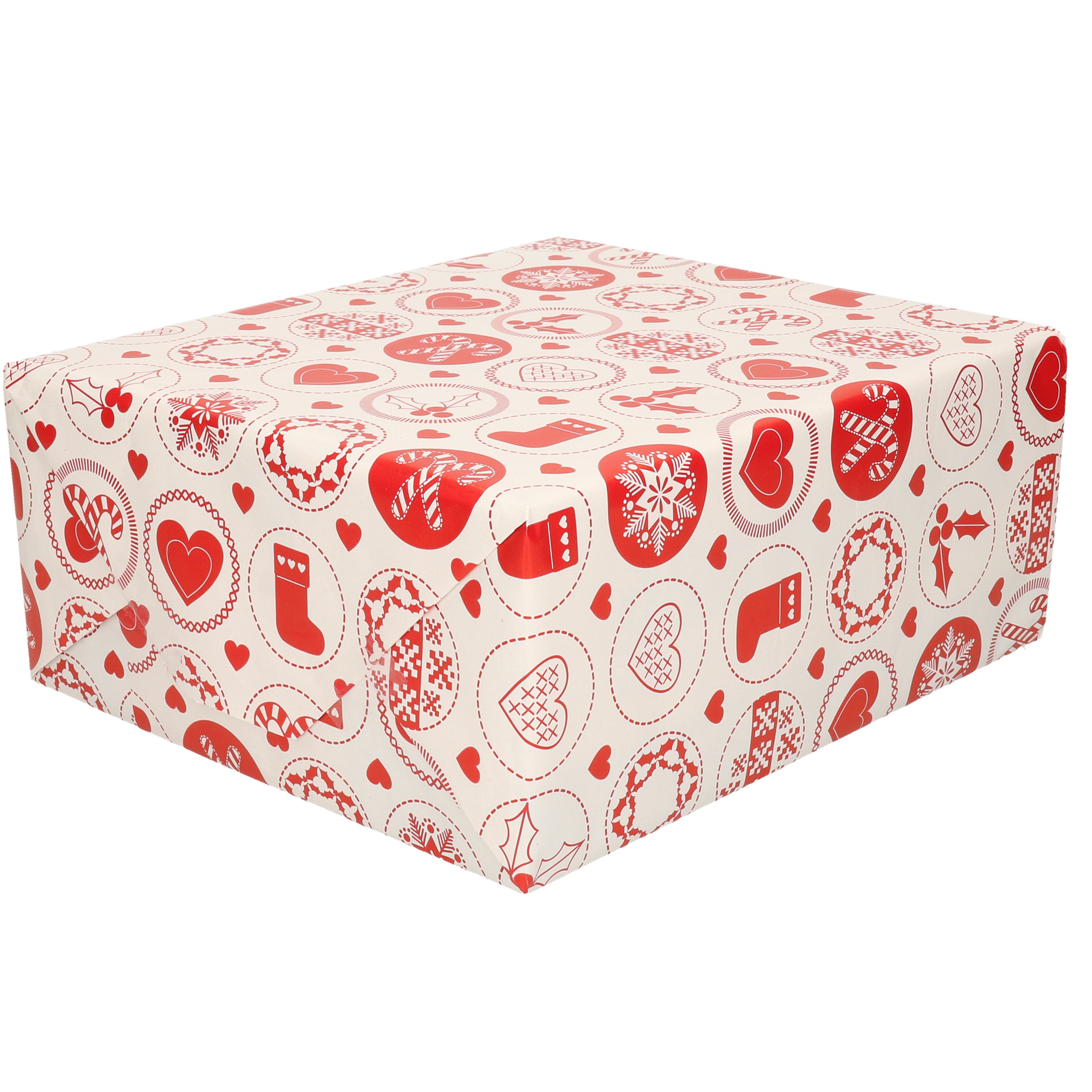Kerst inpakpapier/cadeaupapier wit met rood 200 x 70 cm
