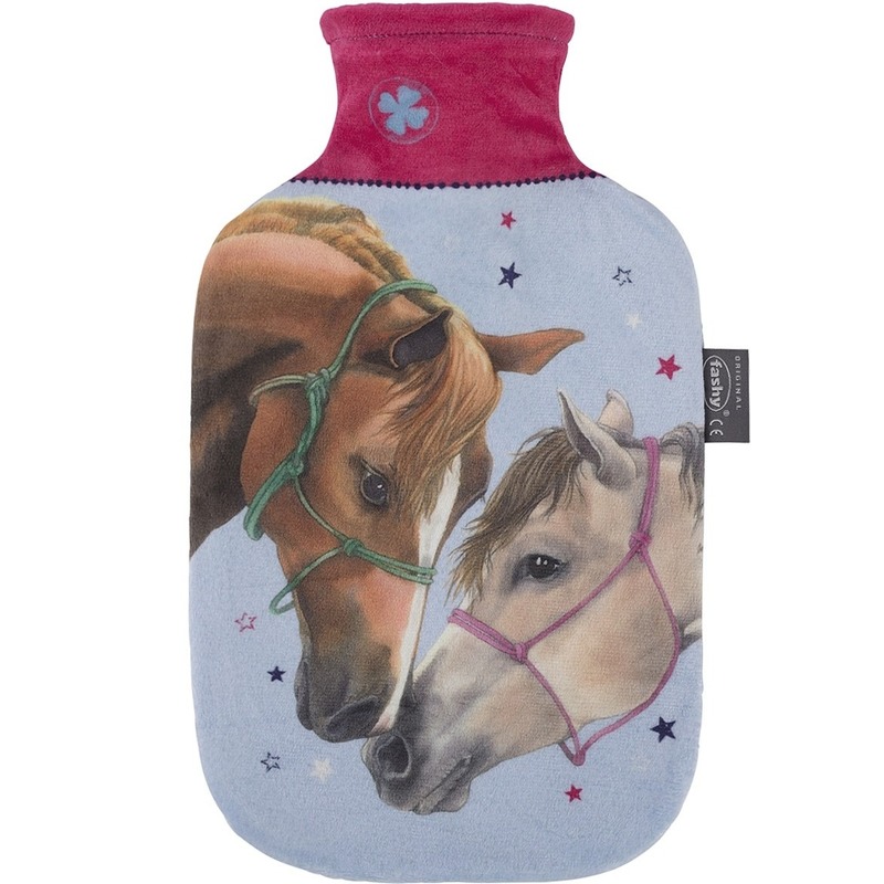 Lichtblauwe/roze kruik met paarden opdruk 2 liter