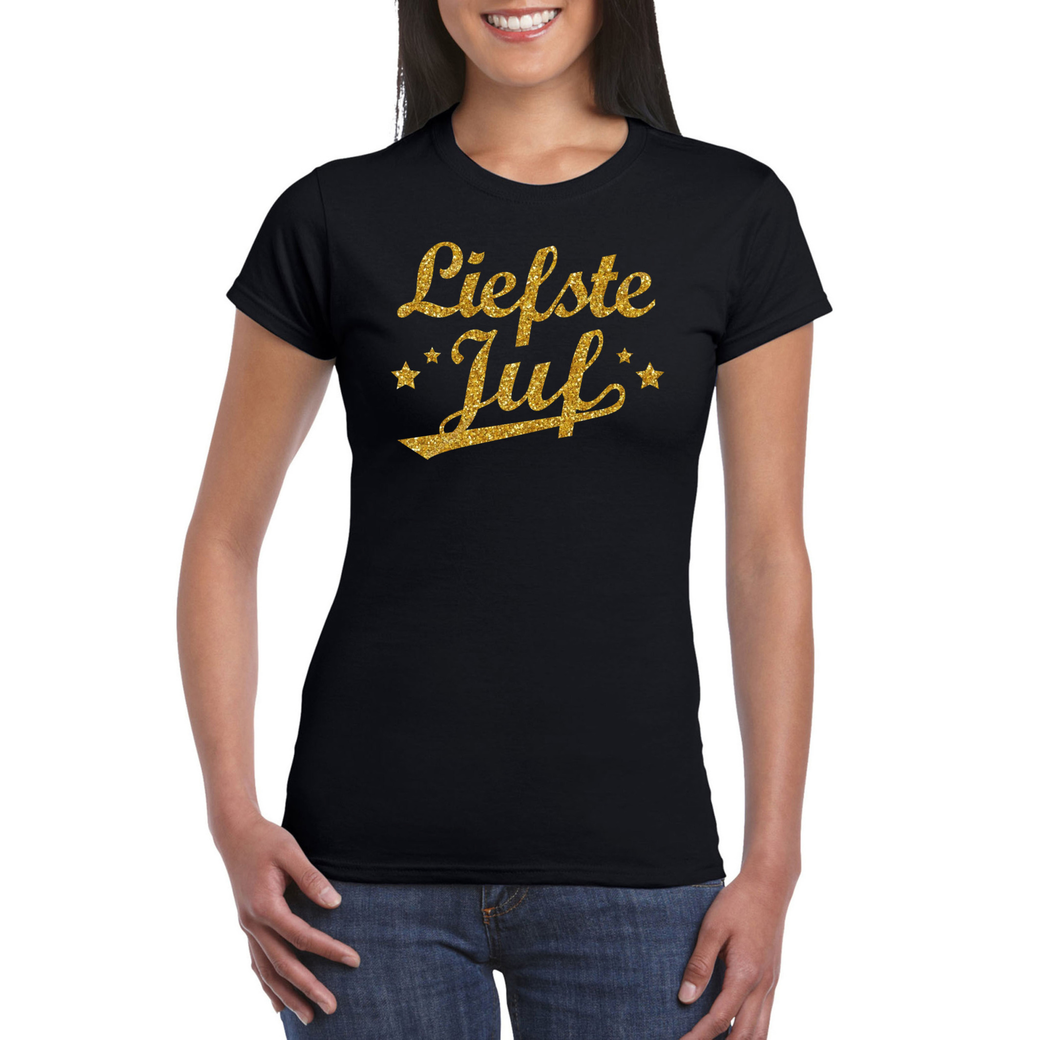 Liefste juf cadeau t-shirt met gouden glitters op zwart voor dames