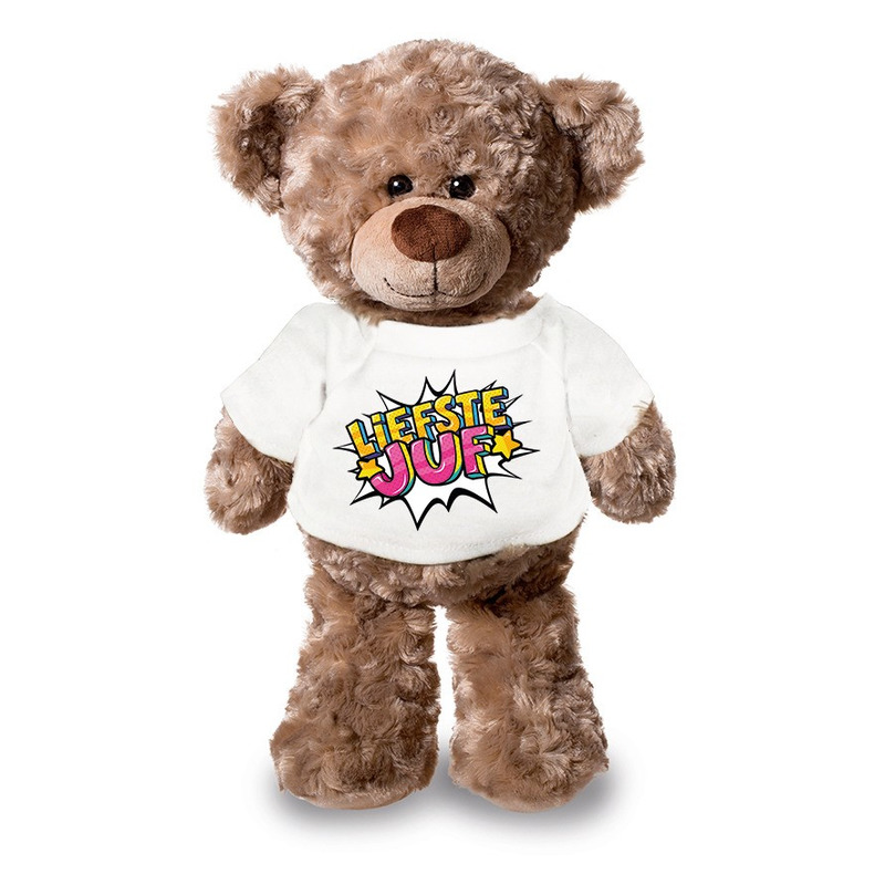 Liefste juf pluche teddybeer knuffel 24 cm met wit t-shirt