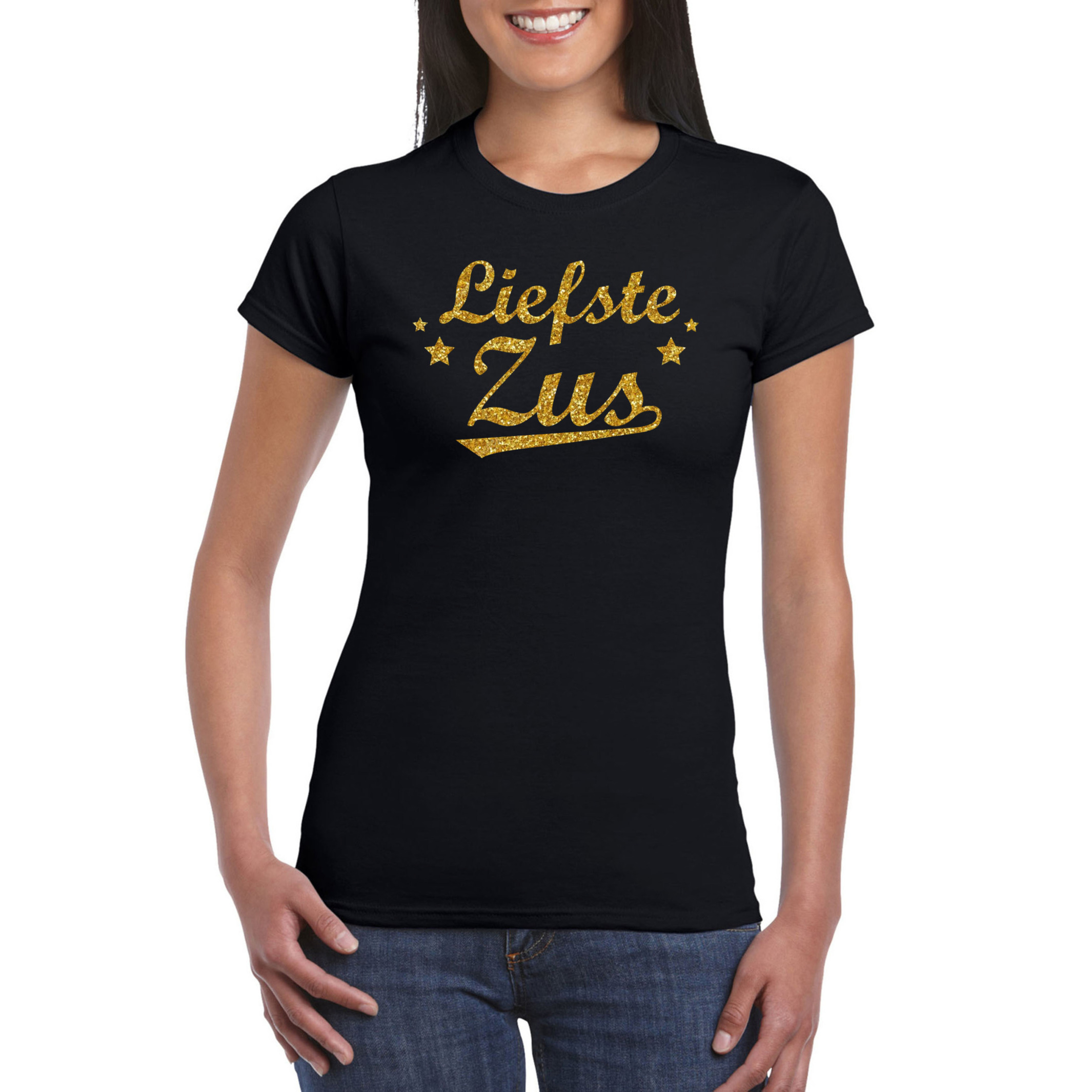 Liefste zus cadeau t-shirt met gouden glitters op zwart voor dames