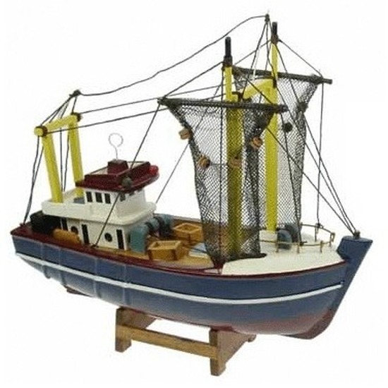 Miniatuur vissersboot gele masten 24 cm
