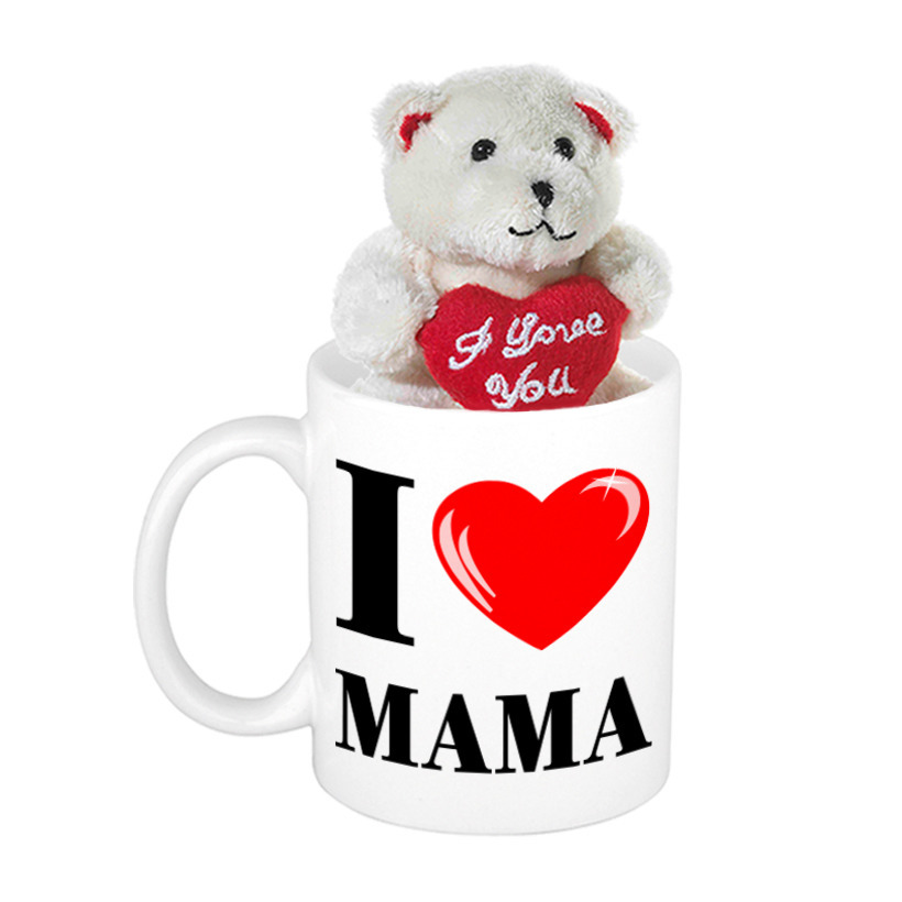 Moederdag cadeau I Love Mama beker / mok 300 ml met beige knuffelbeertje met love hartje