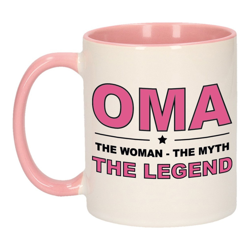 Oma the legend cadeau mok / beker wit en roze 300 ml