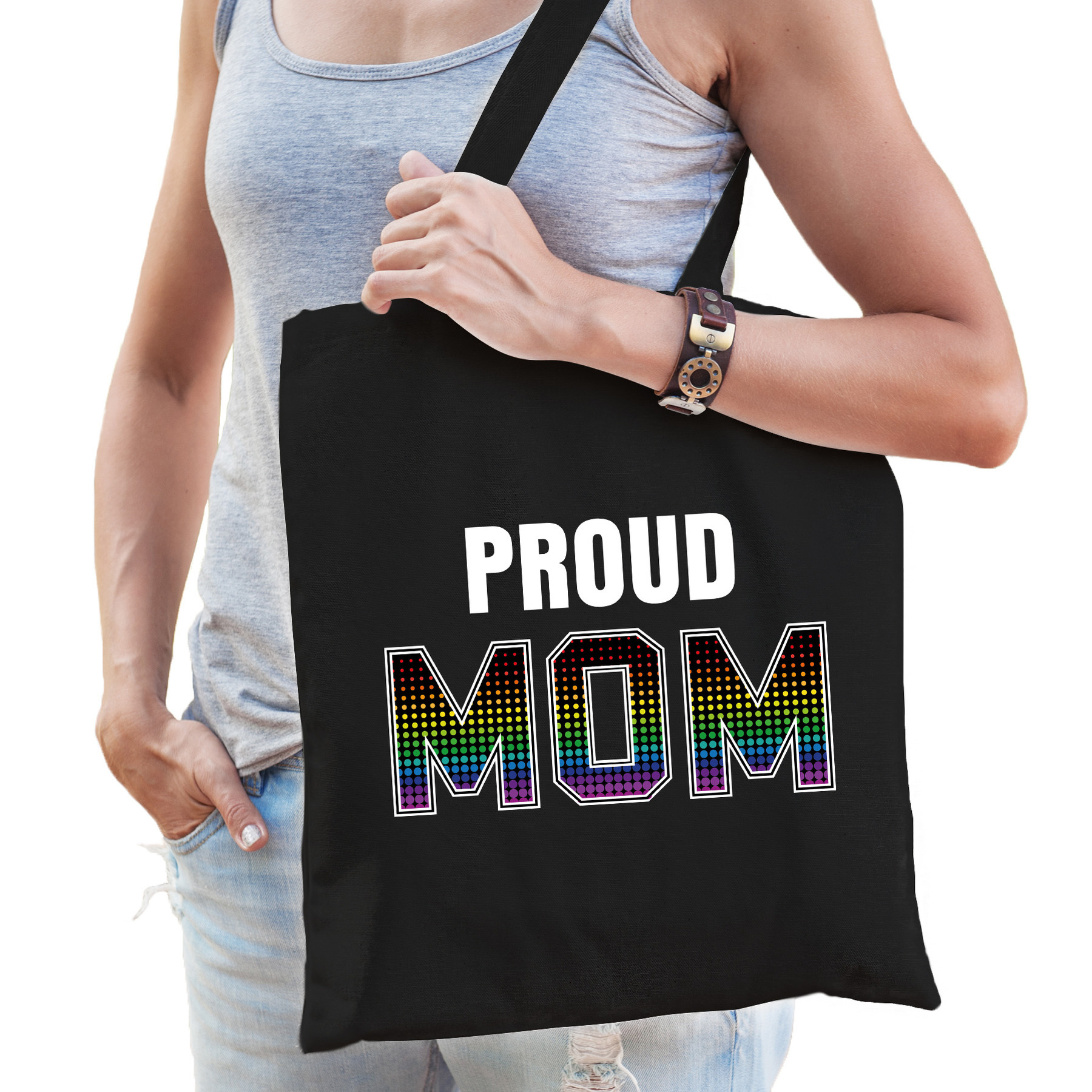 Proud mom / trotse moeder regenboog cadeau tas zwart voor dames