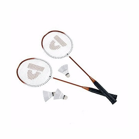 Set van 2x oranje badminton rackets met shuttels