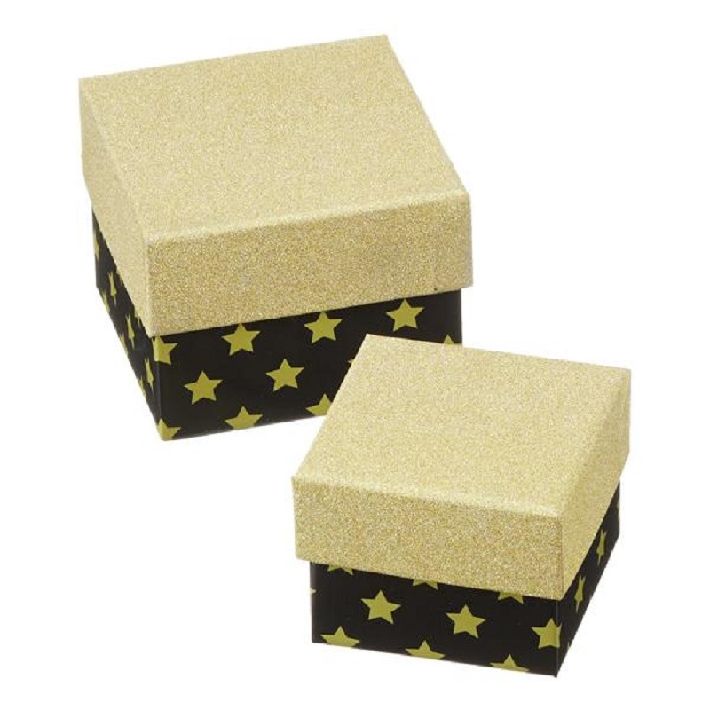 Set van 2x stuks zwarte/gouden met sterren cadeaudoosjes 8,5 en 10,5 cm vierkant