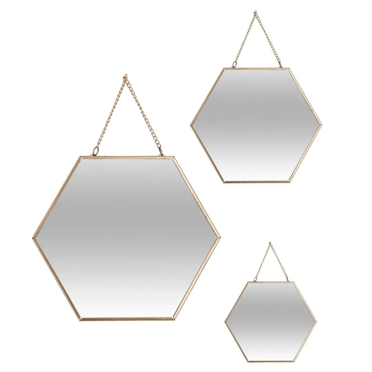 Set van 3x spiegels/wandspiegels hexagon metaal goud met ketting