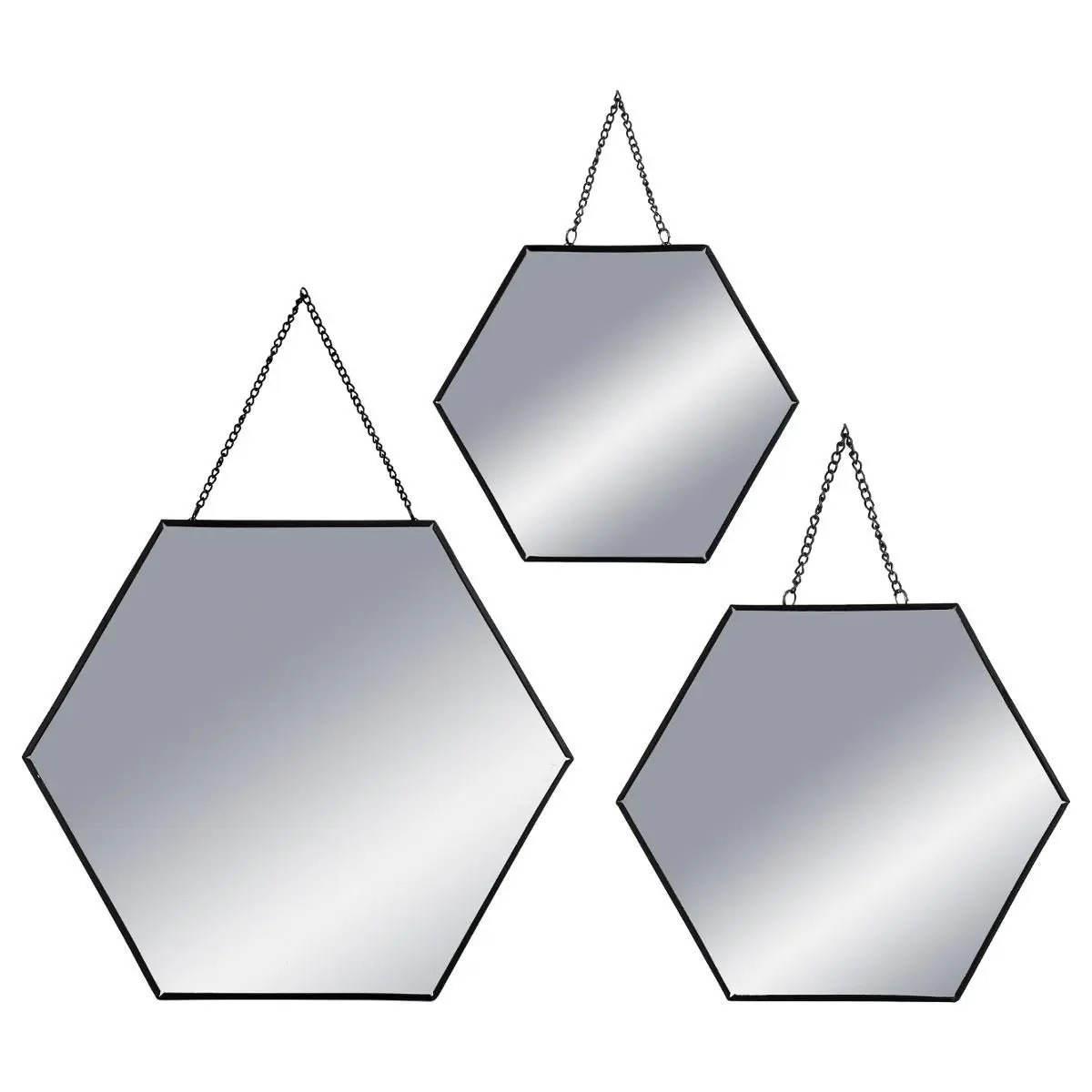 Set van 3x spiegels/wandspiegels hexagon metaal zwart met ketting