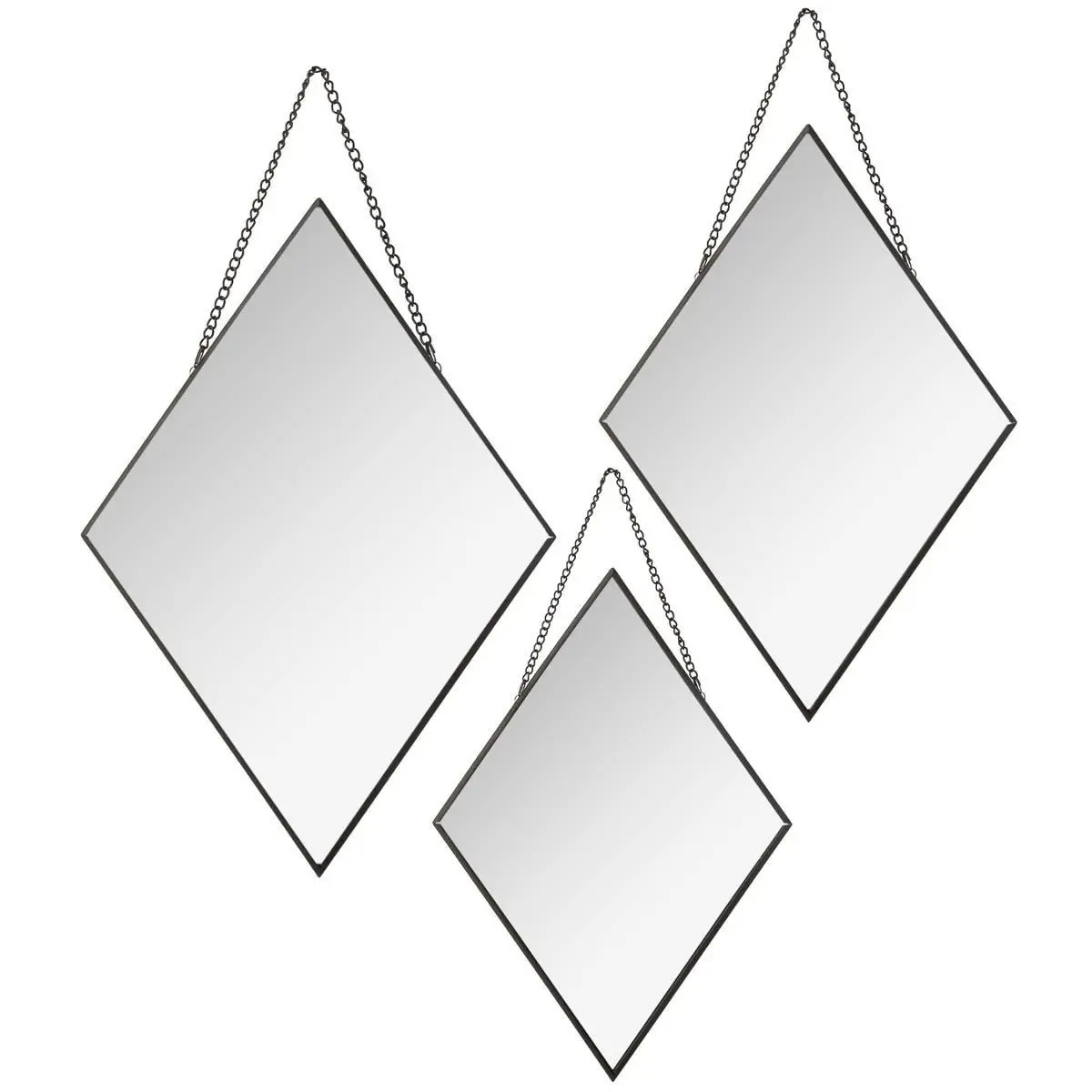 Set van 3x spiegels/wandspiegels ruit metaal zwart met ketting