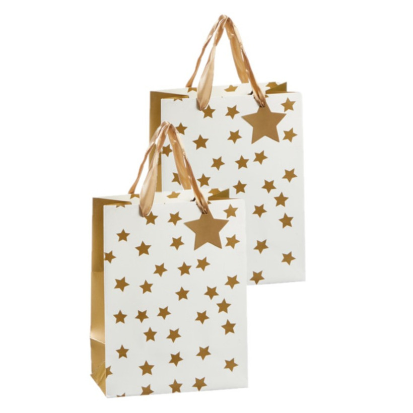 Set van 4x stuks papieren giftbags/cadeau tasjes goud met sterretjes 26 x 32 x 12 cm